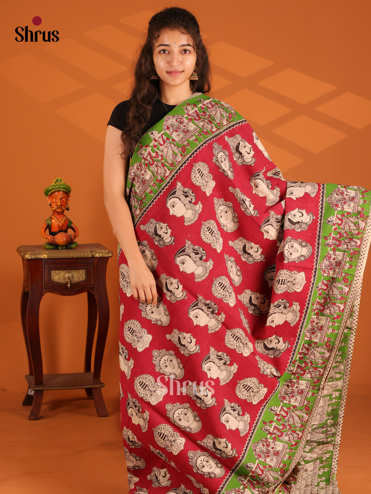 Red & Green - Kalamkari cotton saree - Shop on Shrus.com