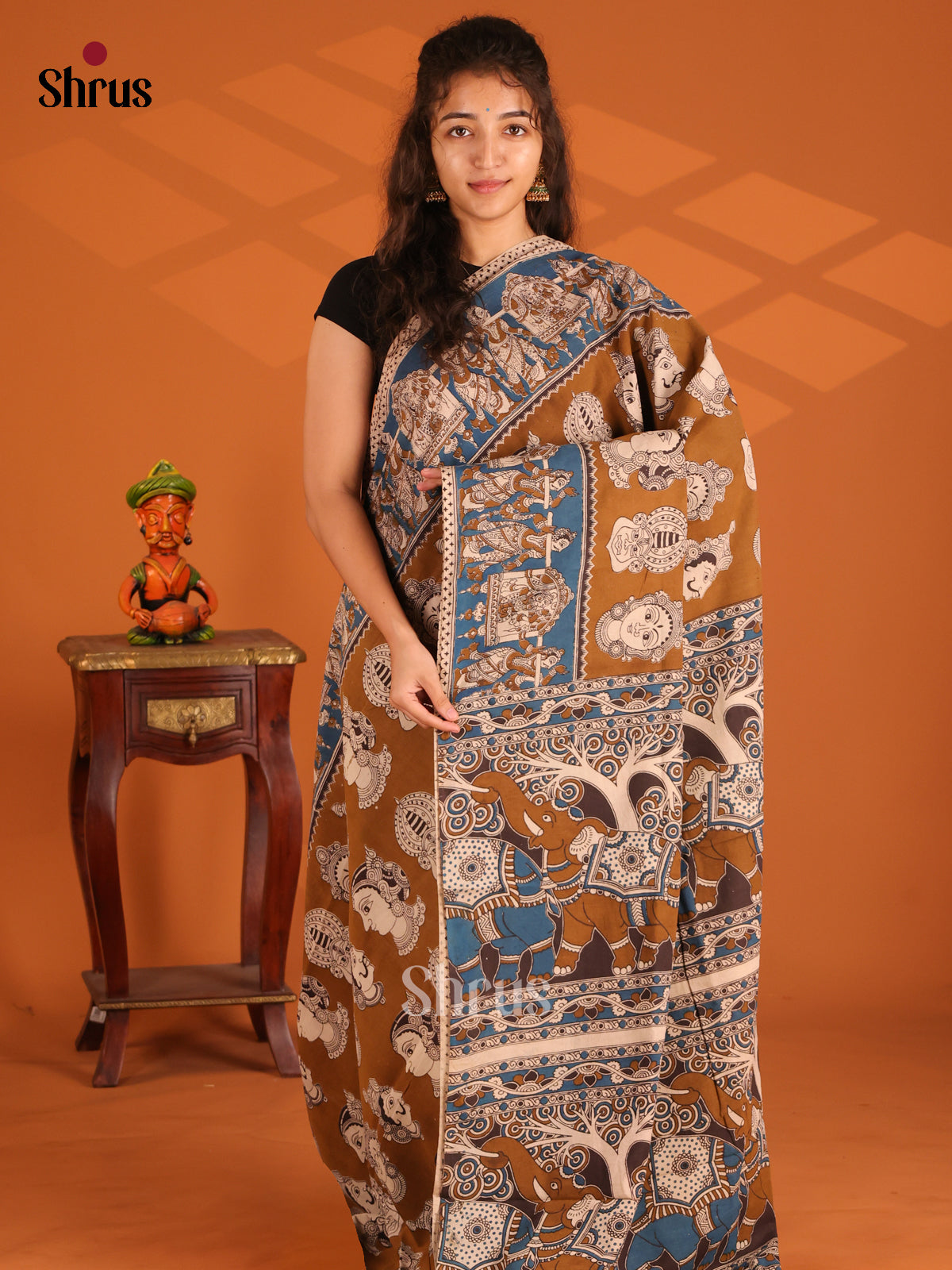 Dark Mustard & Blue - Kalamkari cotton saree - Shop on Shrus.com