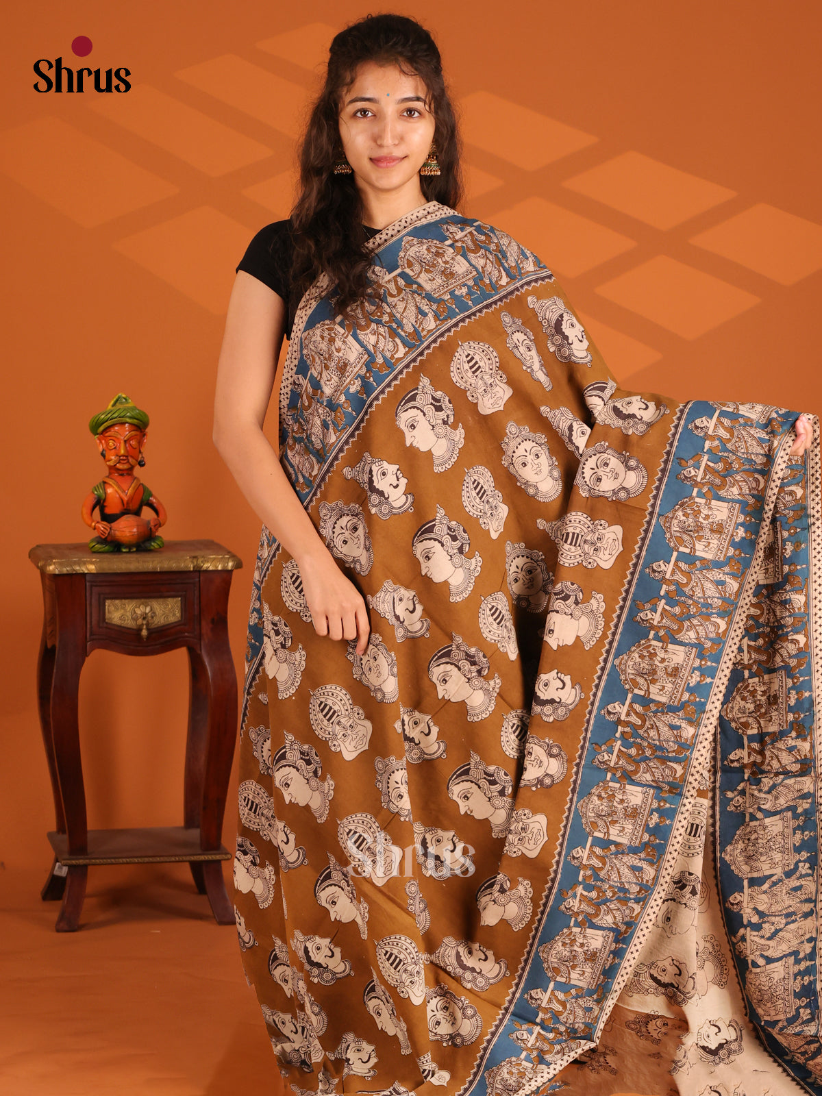 Dark Mustard & Blue - Kalamkari cotton saree - Shop on Shrus.com