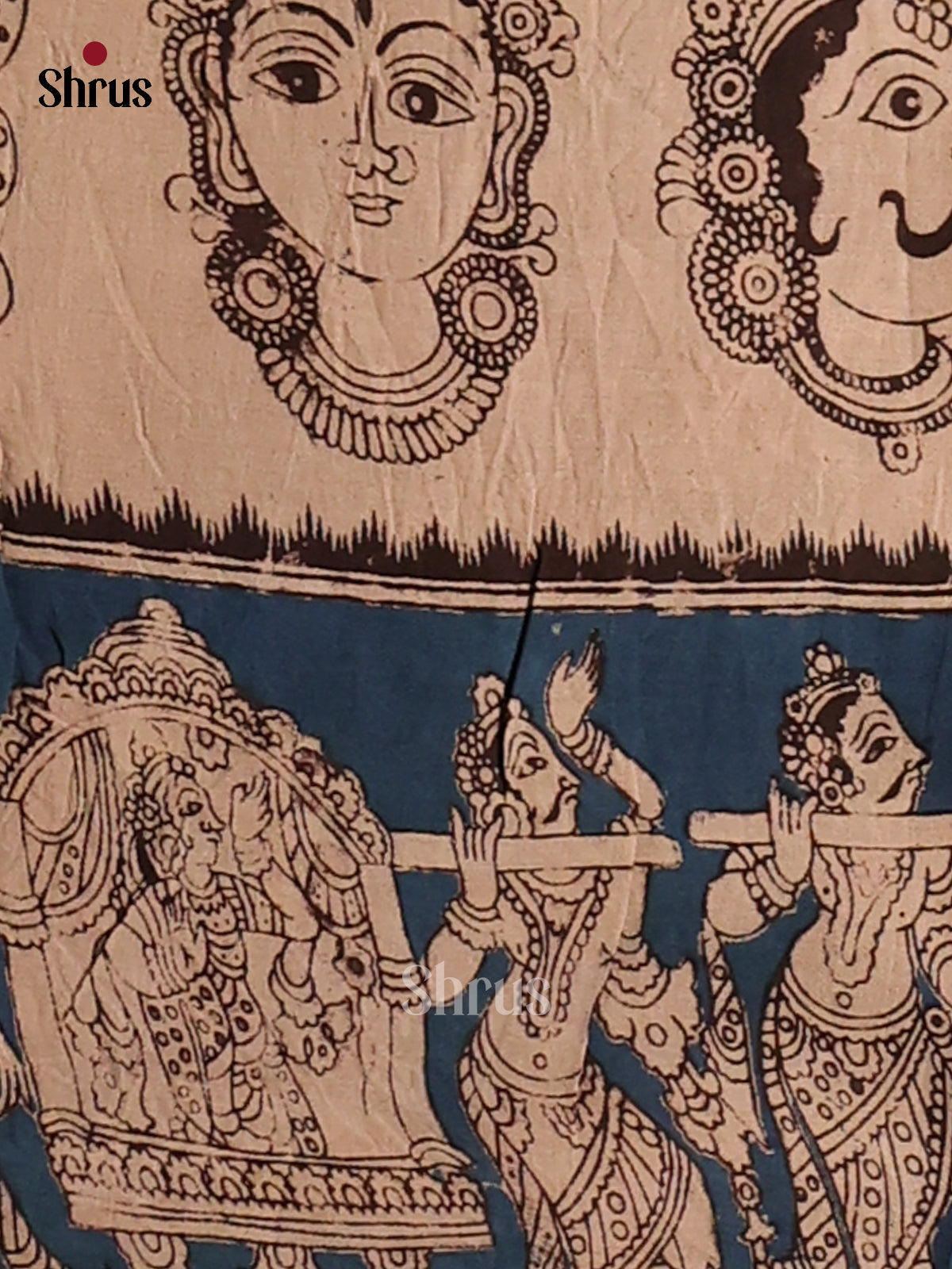 Dark Mustard & Blue - Kalamkari cotton saree - Shop on Shrus.com