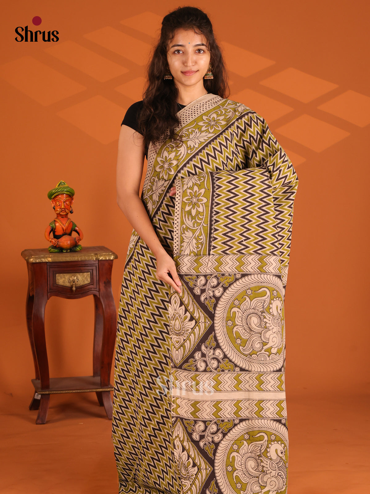 Cream & Green - Kalamkari cotton saree - Shop on Shrus.com
