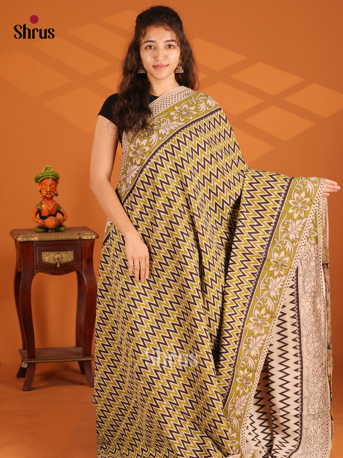 Cream & Green - Kalamkari cotton saree - Shop on Shrus.com