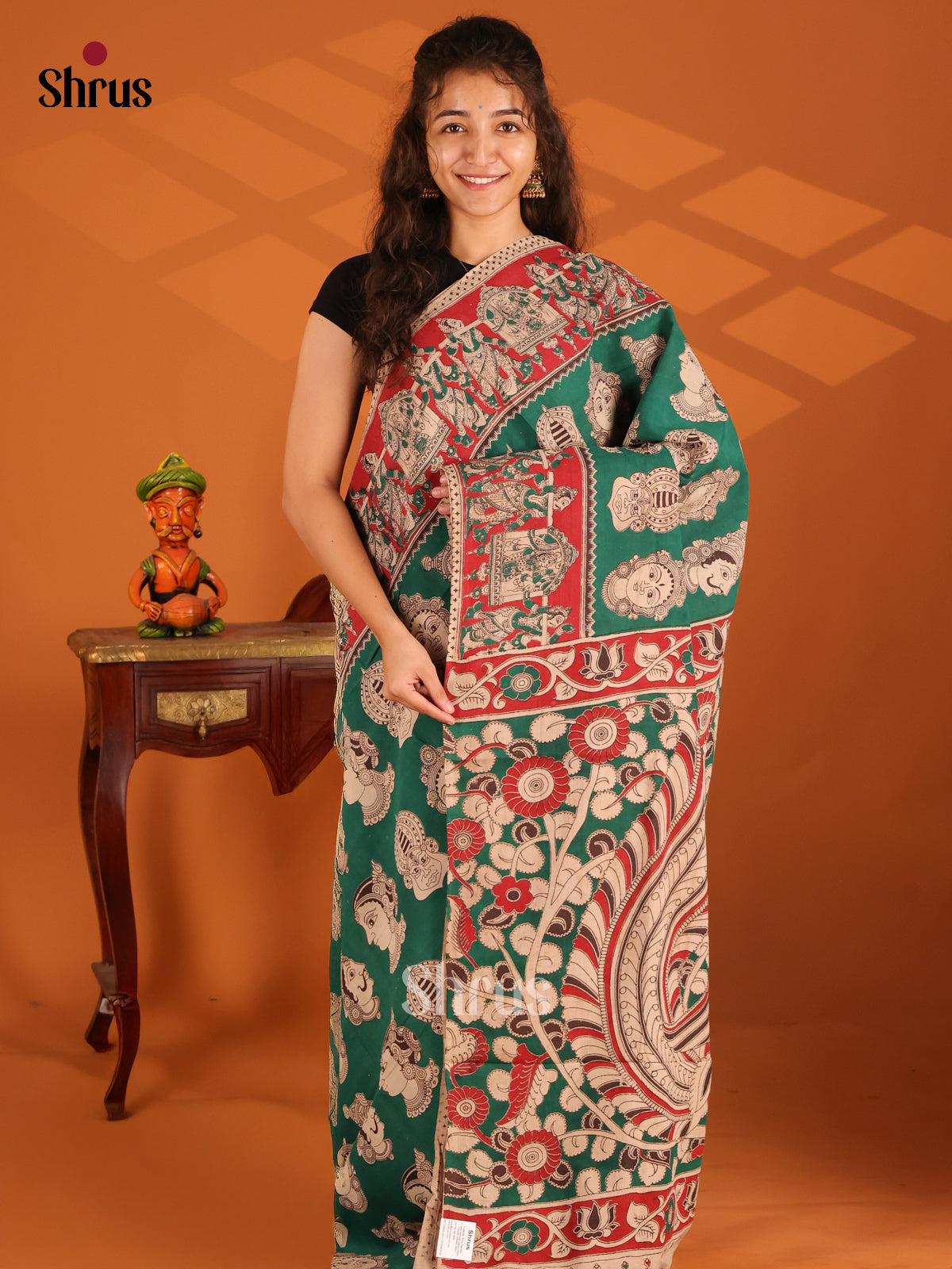 Green with Red - Kalamkari cotton saree - Shop on Shrus.com