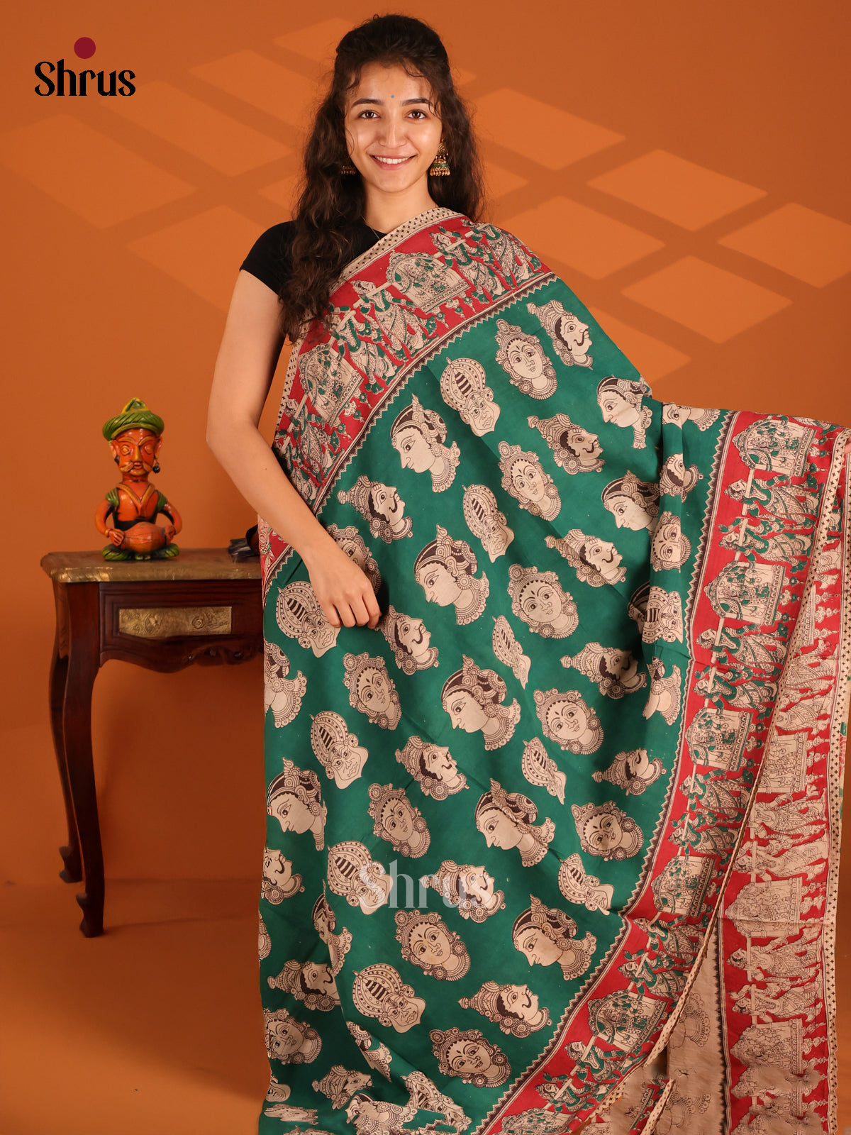Green with Red - Kalamkari cotton saree - Shop on Shrus.com