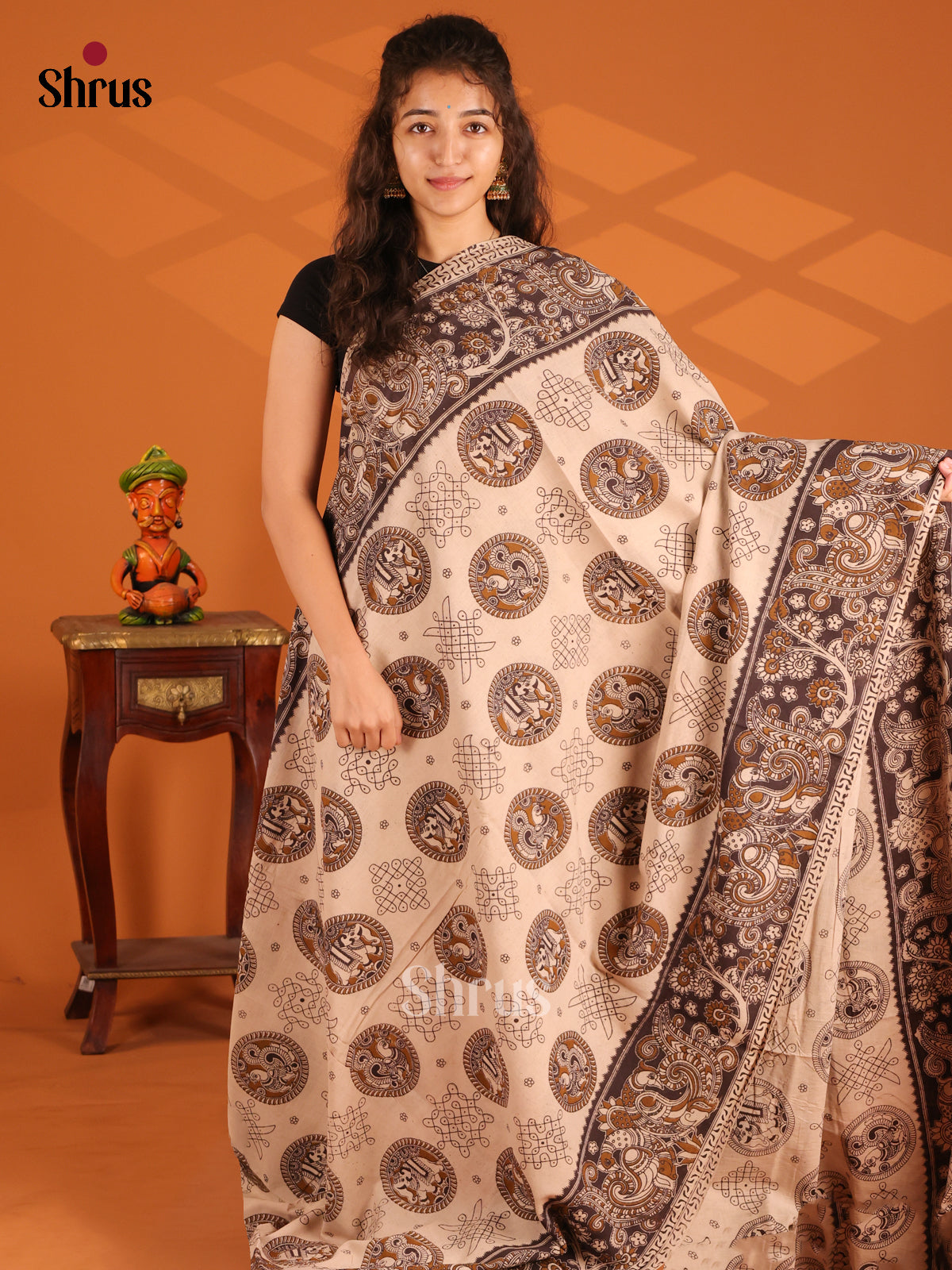 Cream & Black - Kalamkari cotton saree - Shop on Shrus.com