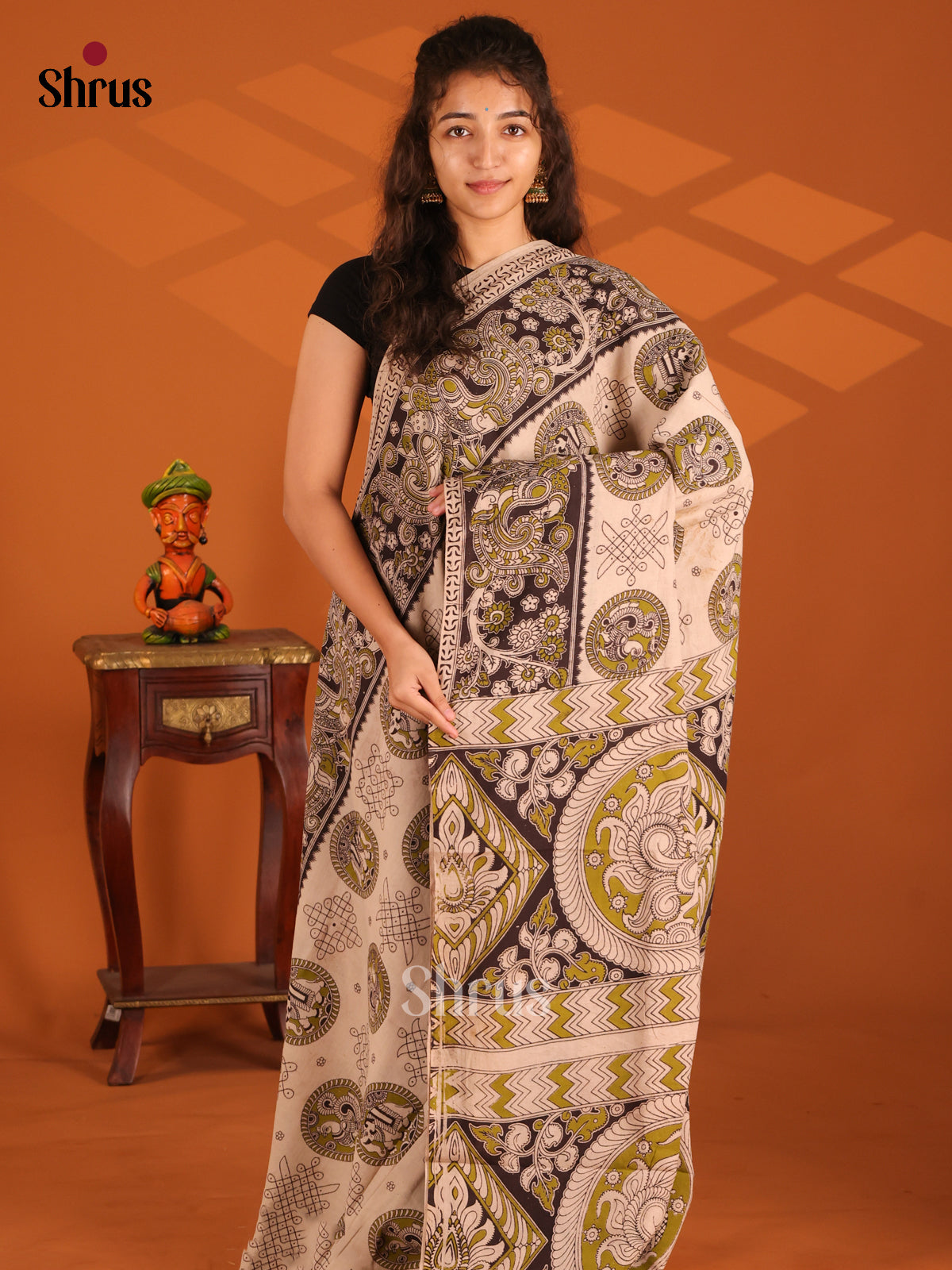 Cream & Black - Kalamkari cotton saree - Shop on Shrus.com