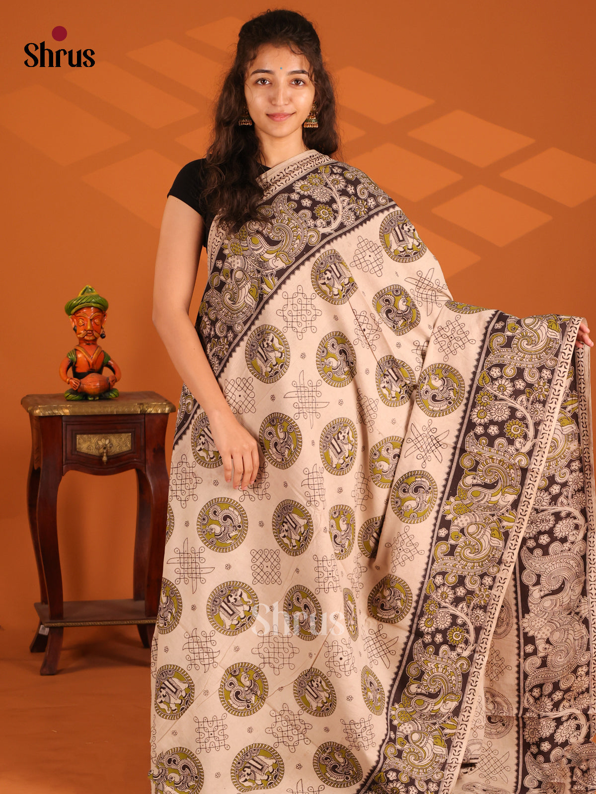 Cream & Black - Kalamkari cotton saree - Shop on Shrus.com