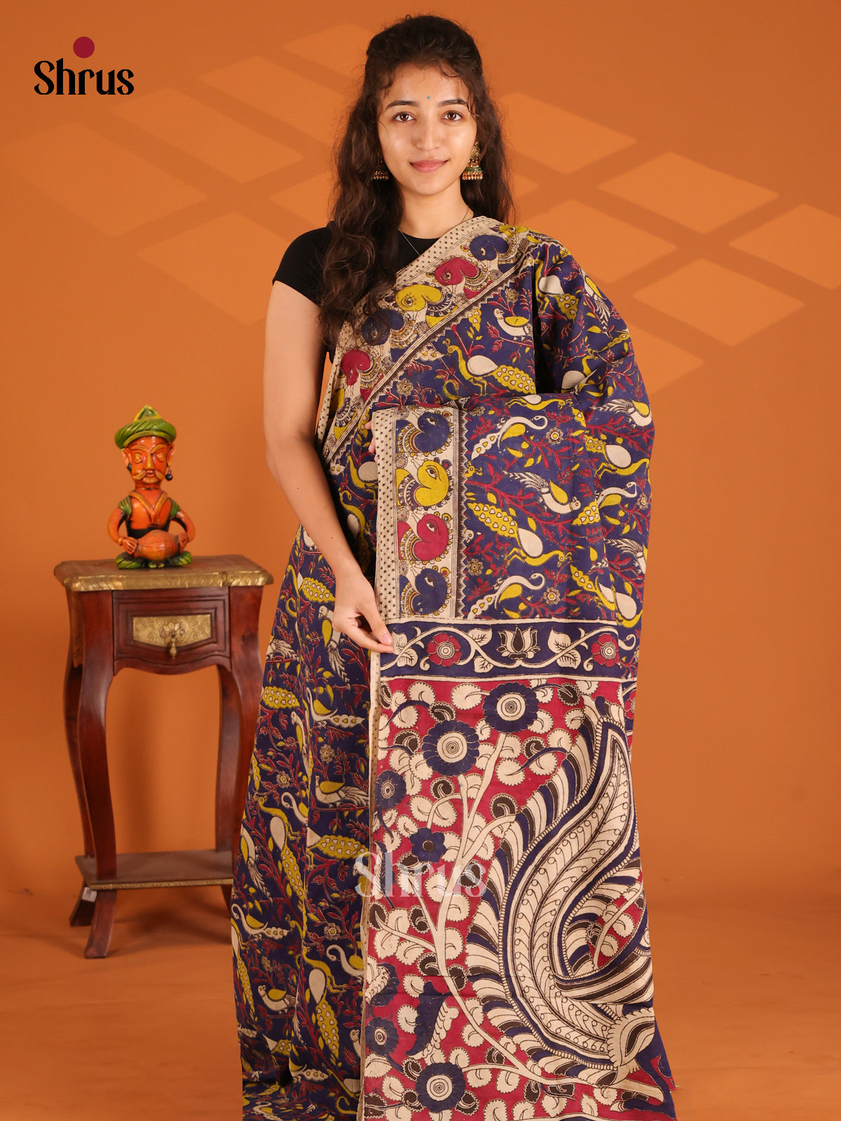 Blue & Maroon - Kalamkari cotton saree - Shop on Shrus.com