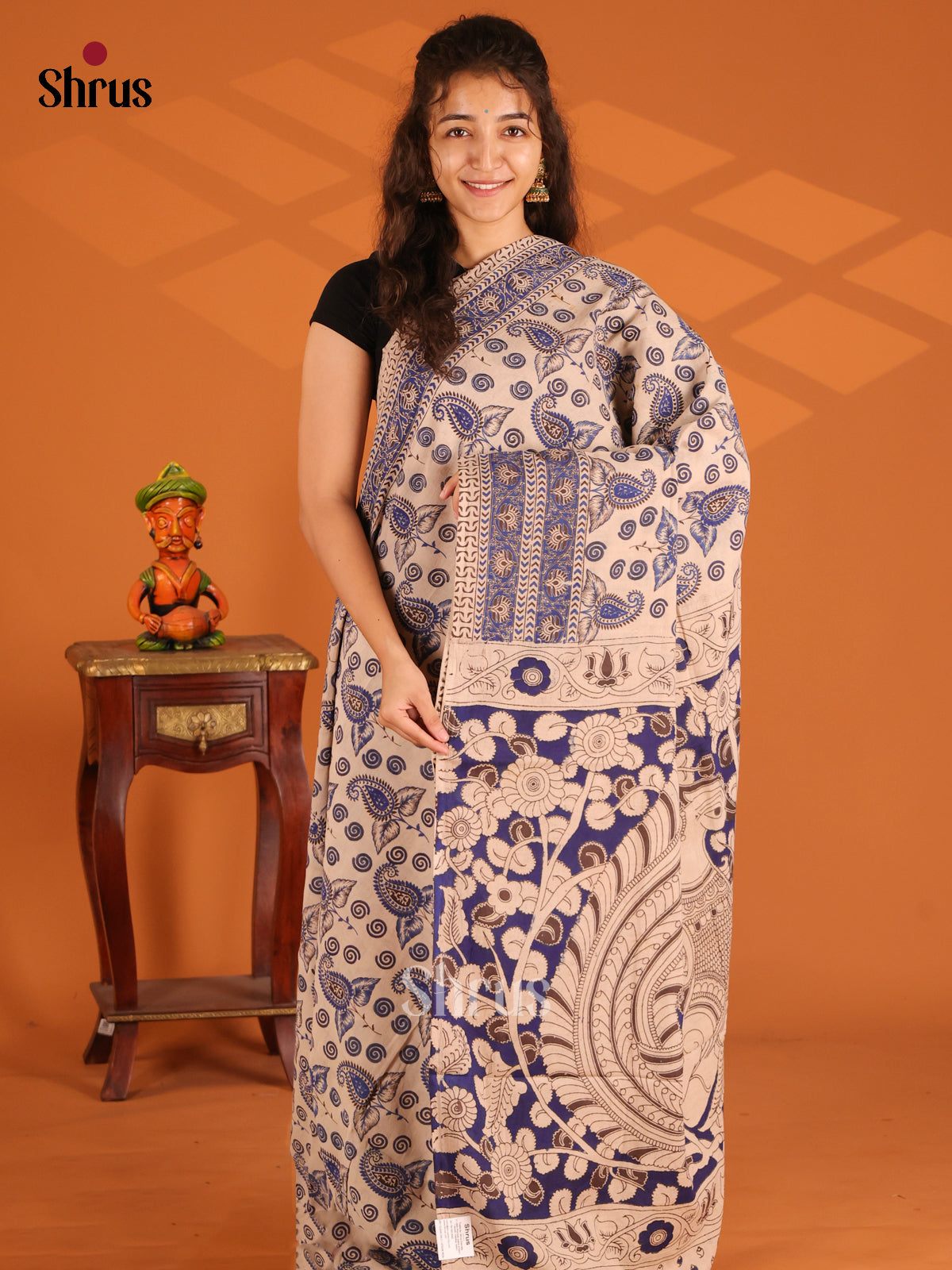 Cream & Blue - Kalamkari cotton saree - Shop on Shrus.com