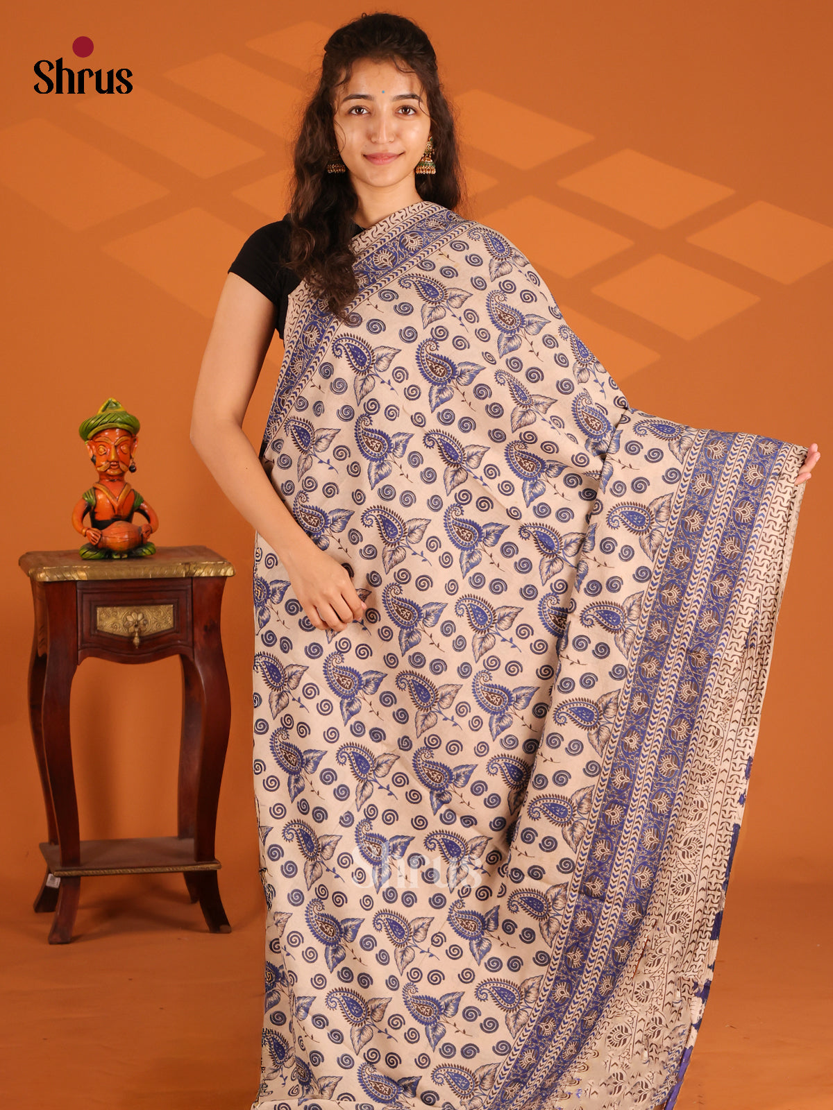 Cream & Blue - Kalamkari cotton saree - Shop on Shrus.com