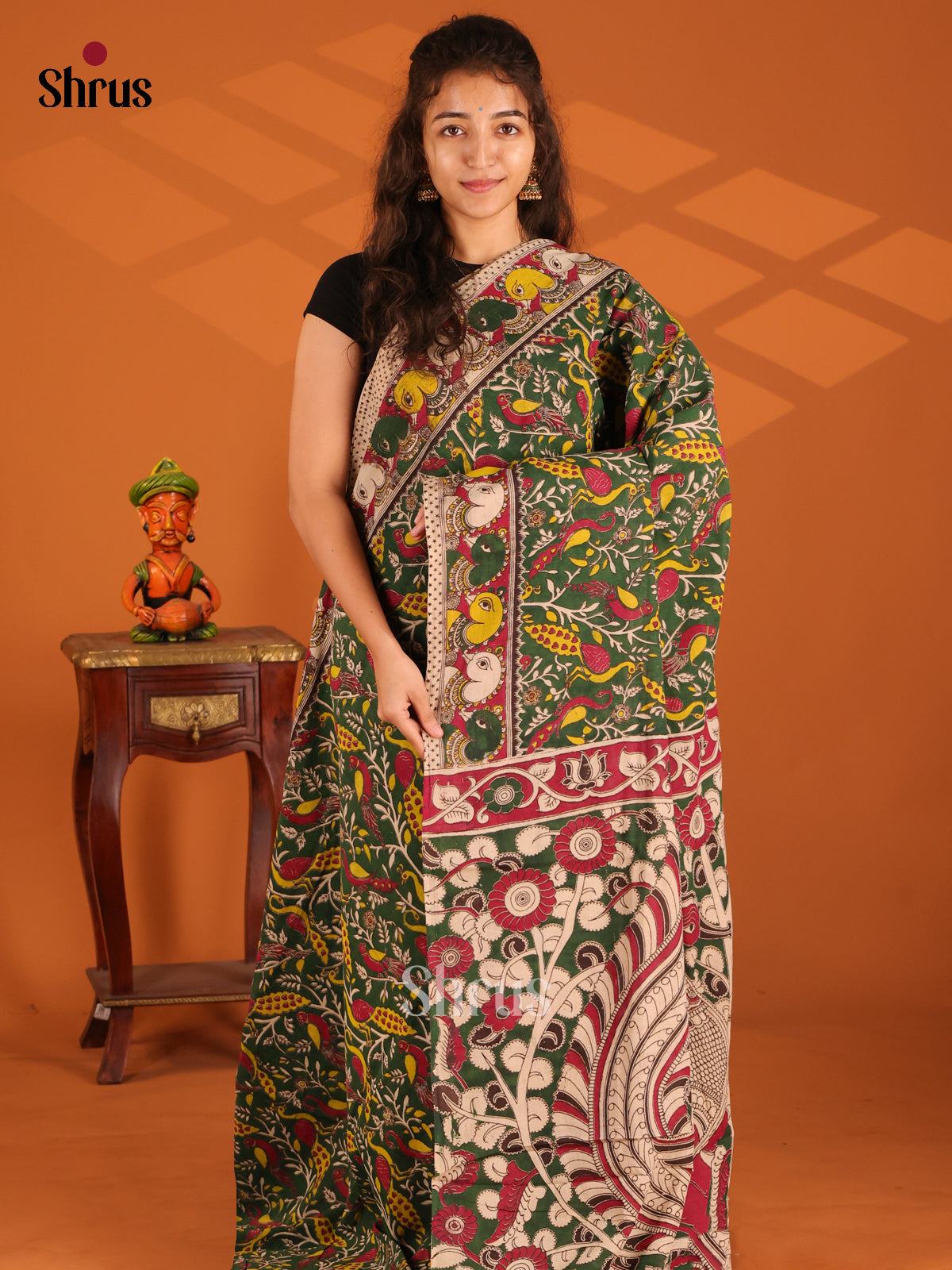 Green & Cream - Kalamkari cotton saree - Shop on Shrus.com