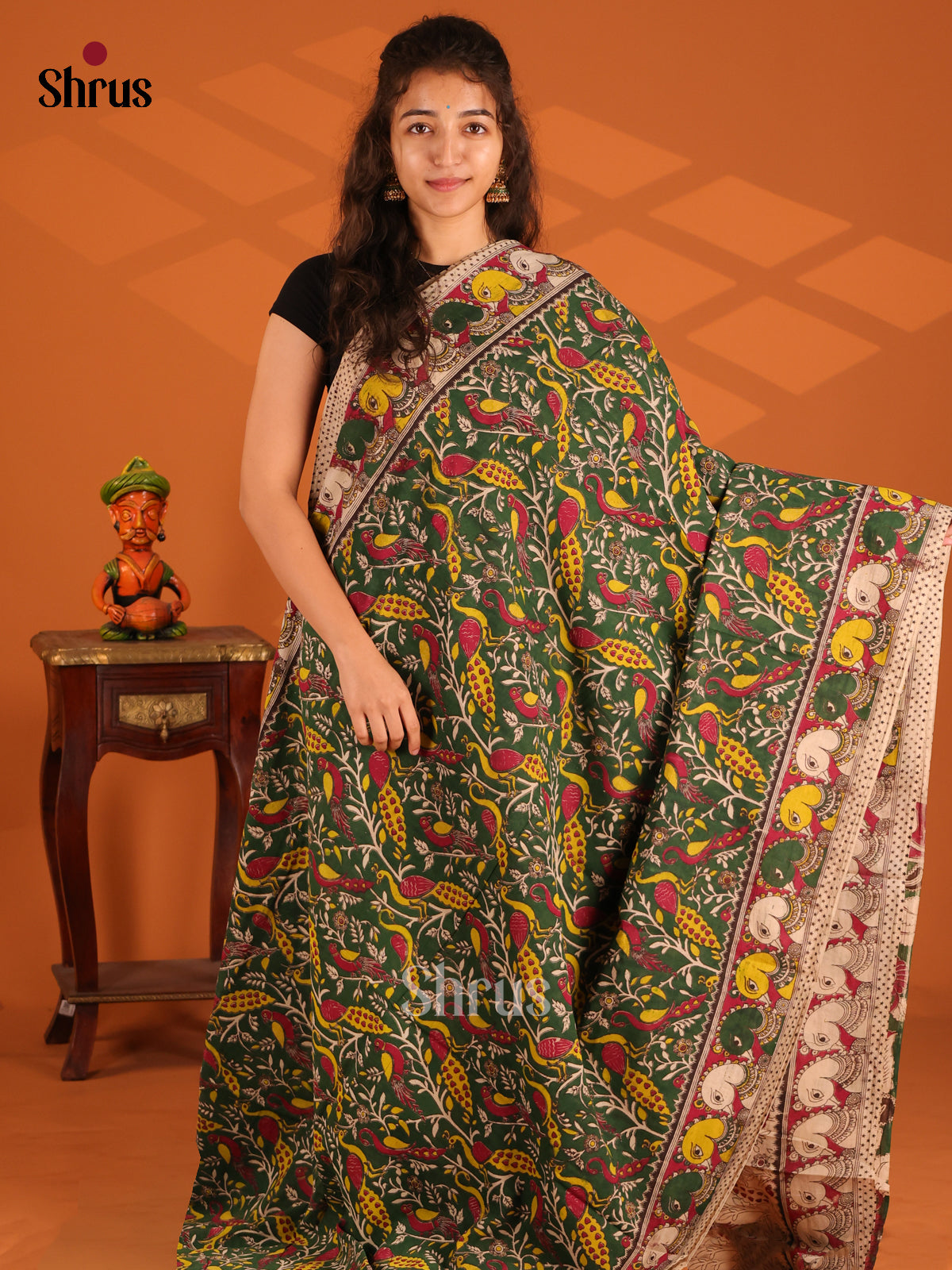 Green & Cream - Kalamkari cotton saree - Shop on Shrus.com