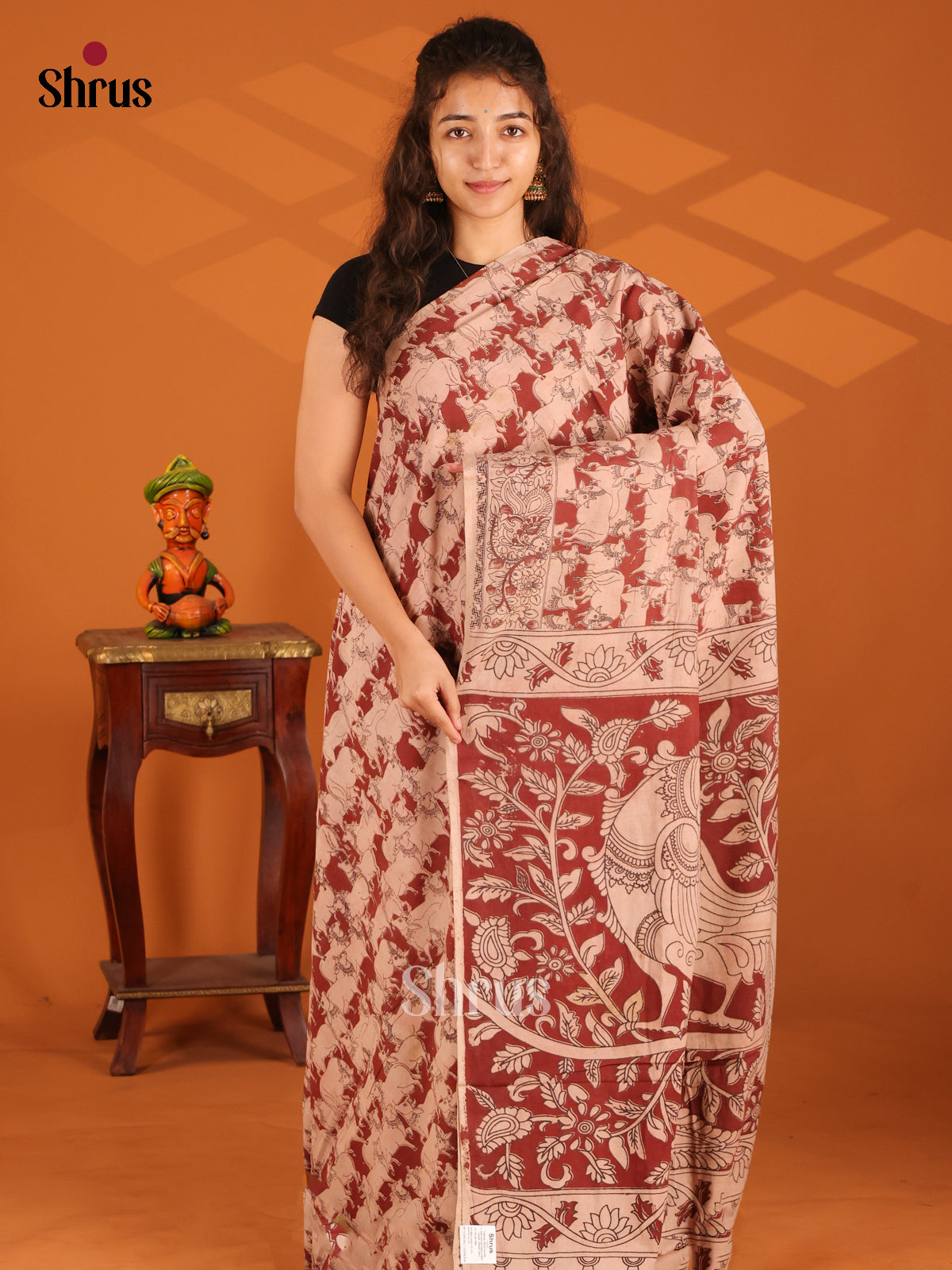 Cream & Maroon- Kalamkari cotton saree - Shop on Shrus.com