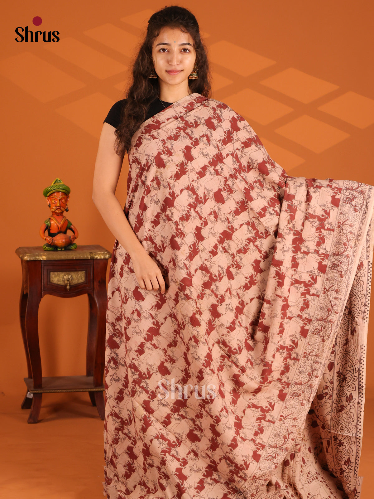 Cream & Maroon- Kalamkari cotton saree - Shop on Shrus.com
