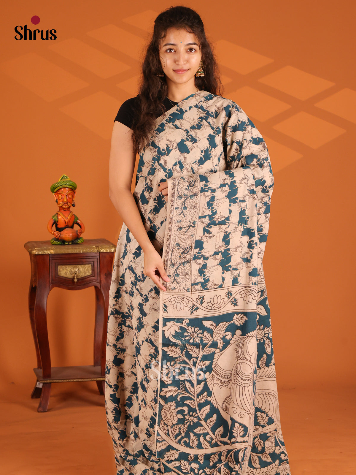 Cream & Blue - Kalamkari cotton saree - Shop on Shrus.com