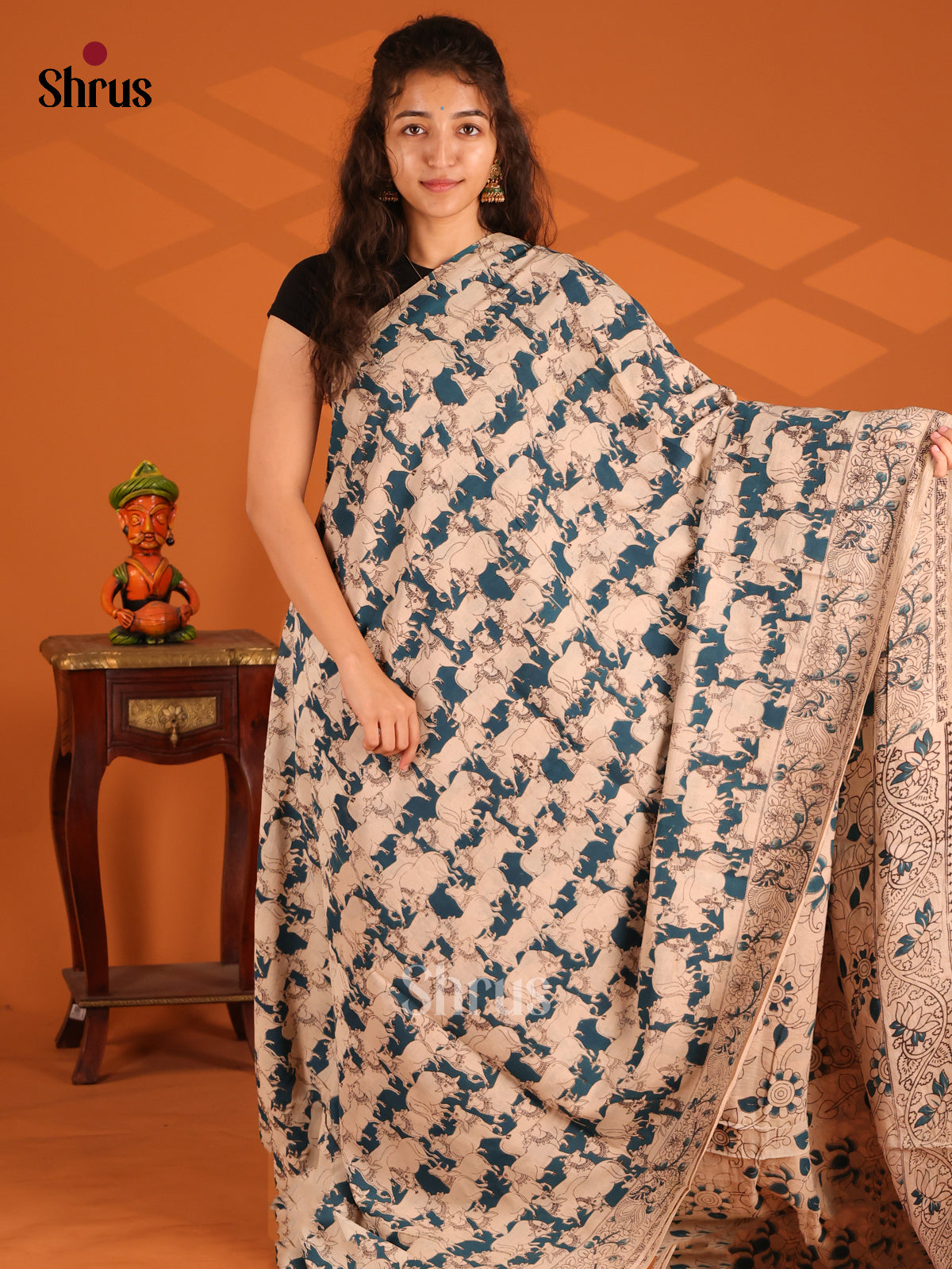 Cream & Blue - Kalamkari cotton saree - Shop on Shrus.com