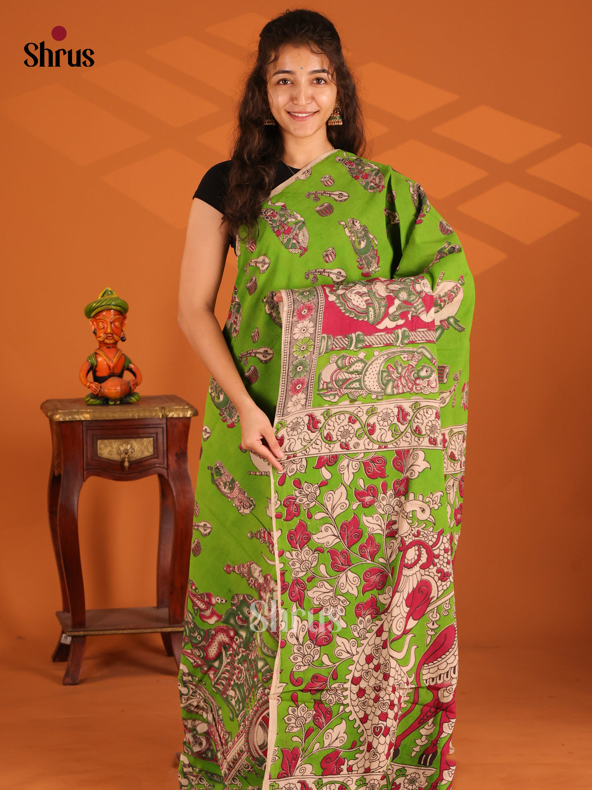 Lite Green & Cream- Kalamkari cotton saree - Shop on Shrus.com