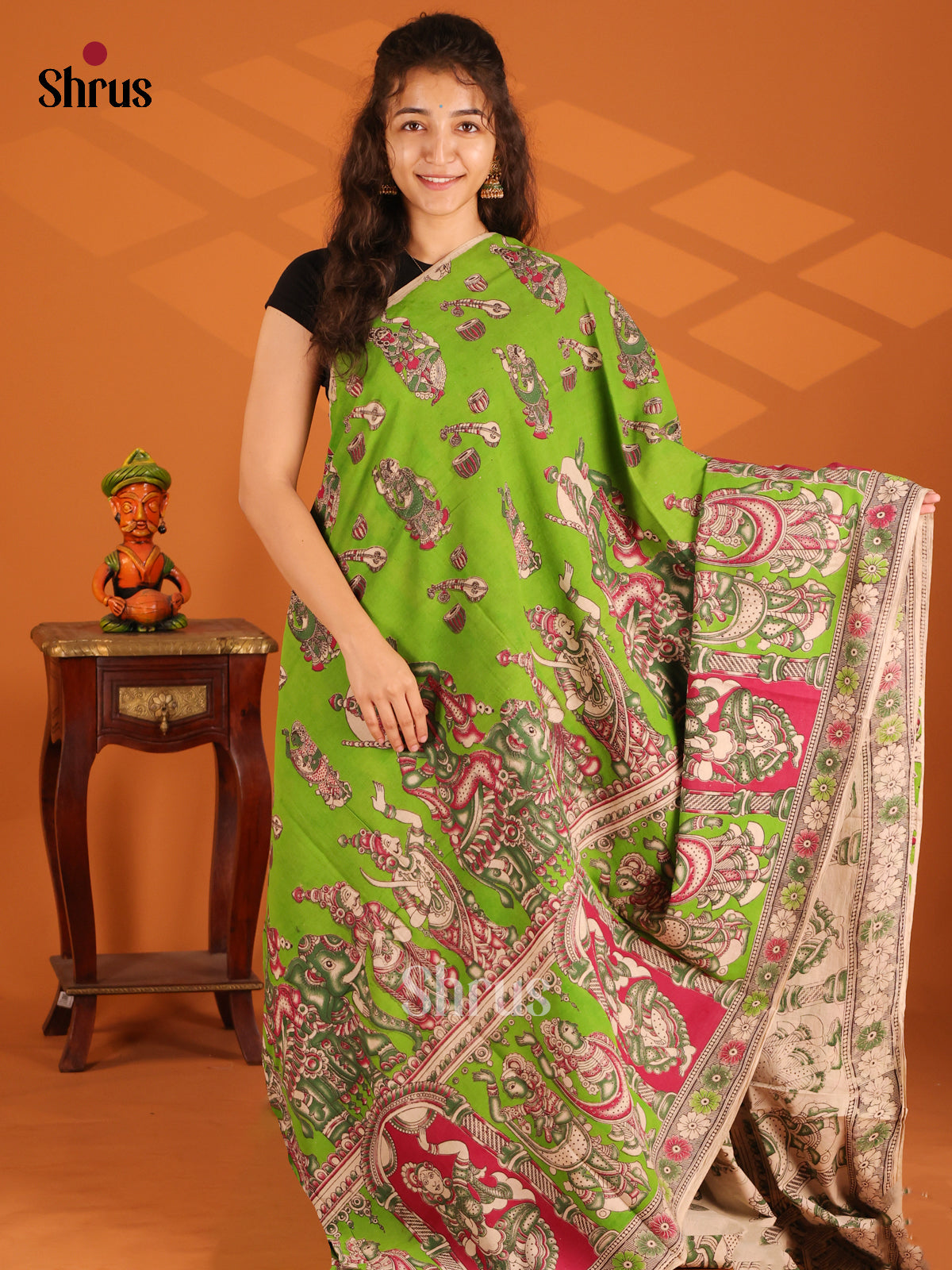 Lite Green & Cream- Kalamkari cotton saree - Shop on Shrus.com
