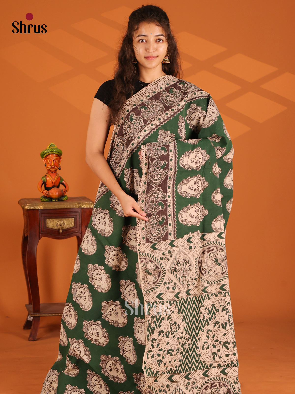 Green & Black - Kalamkari cotton saree - Shop on Shrus.com