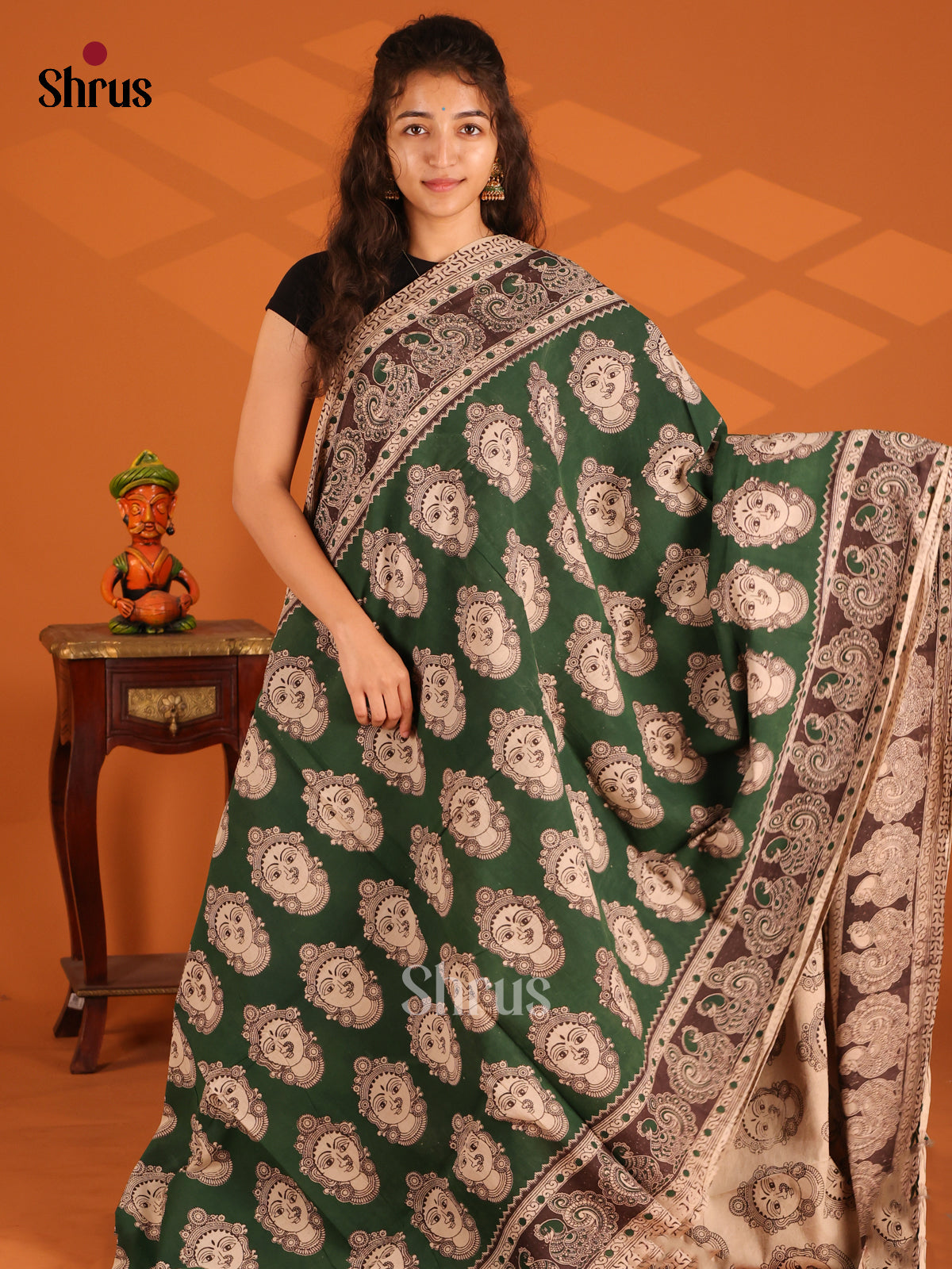 Green & Black - Kalamkari cotton saree - Shop on Shrus.com