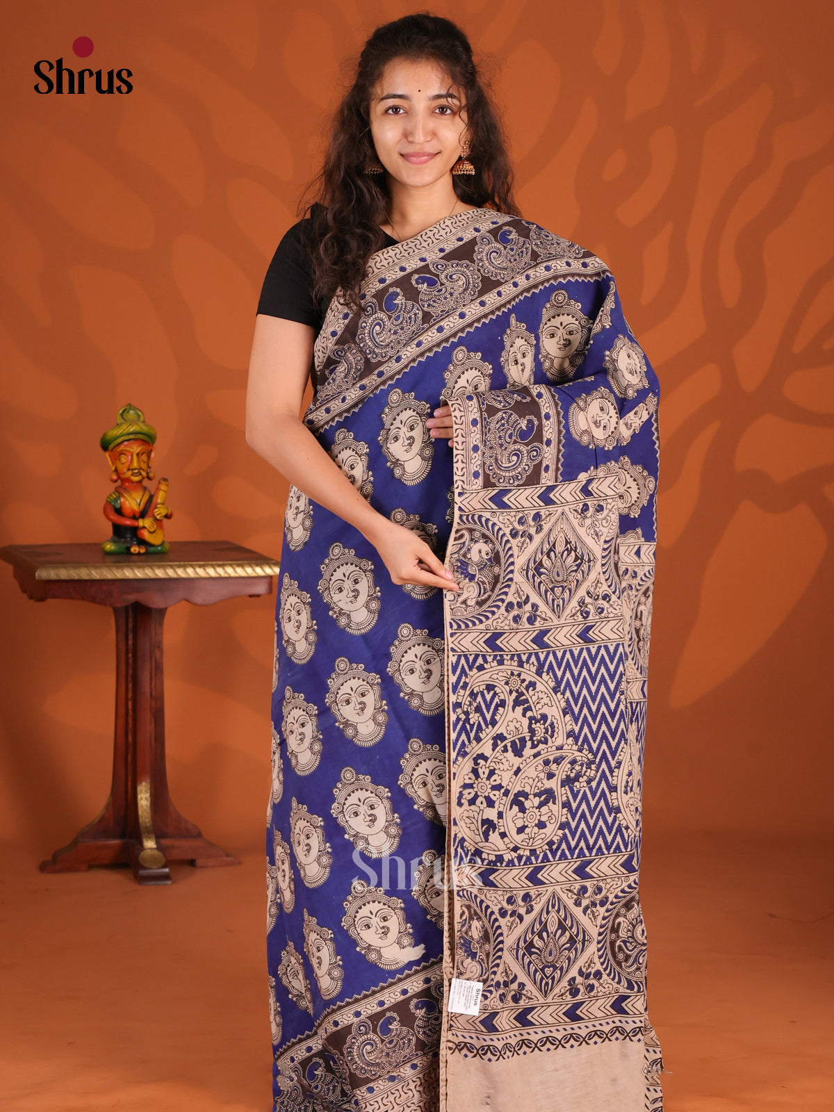 Blue & Cream- kalamkari-cotton Saree - Shop on Shrus.com