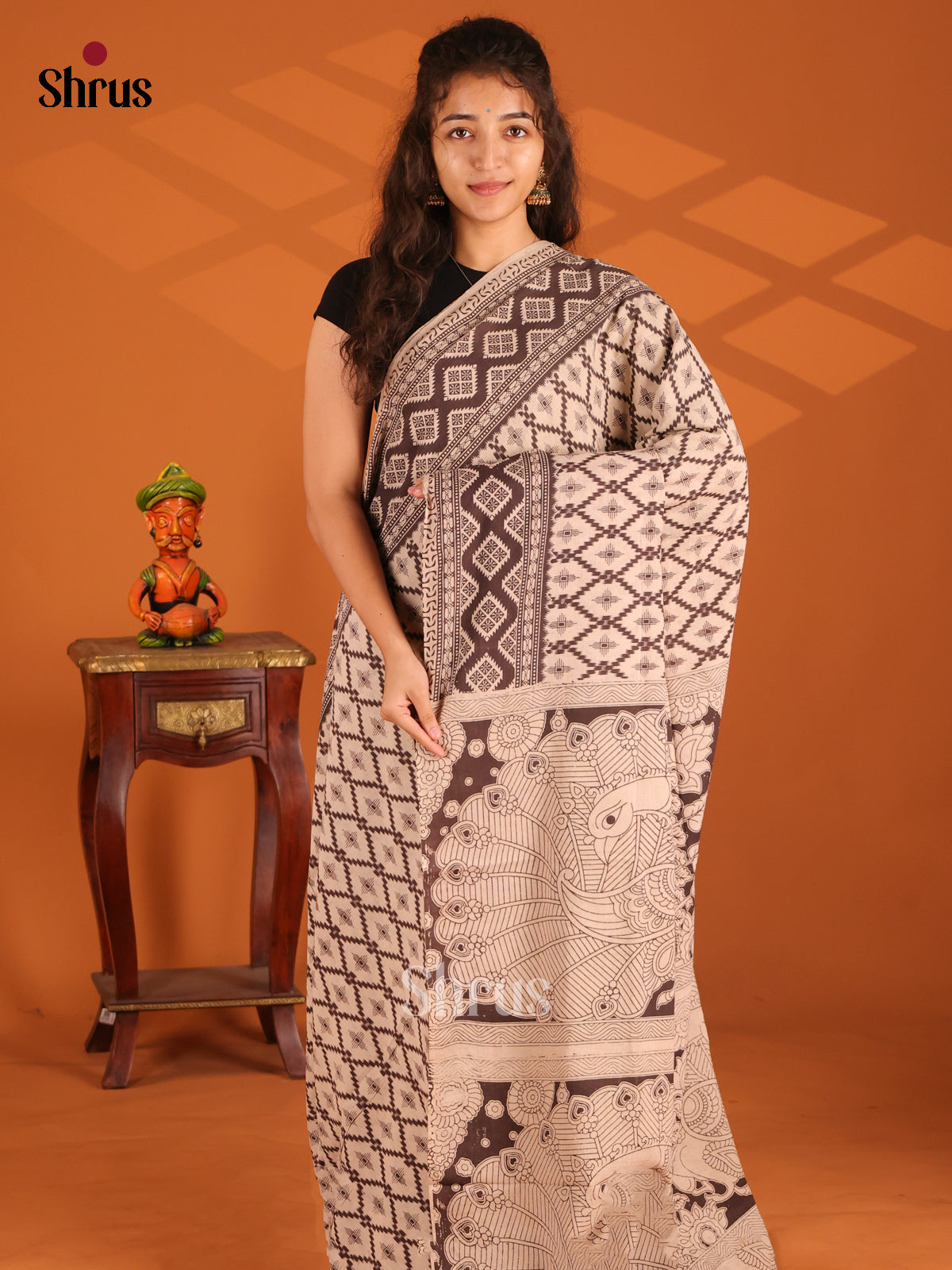 Cream & Black- Kalamkari cotton saree - Shop on Shrus.com