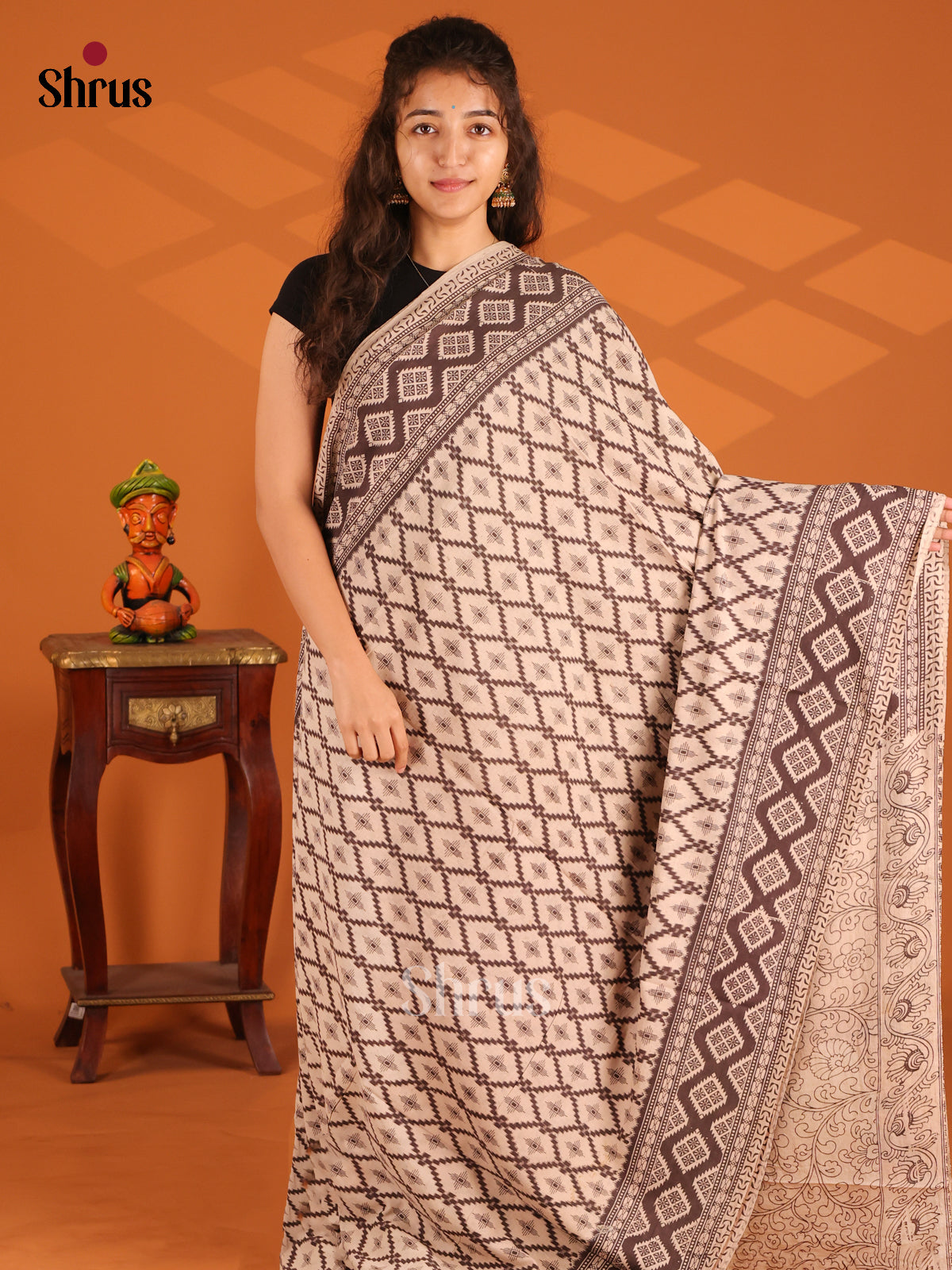 Cream & Black- Kalamkari cotton saree - Shop on Shrus.com