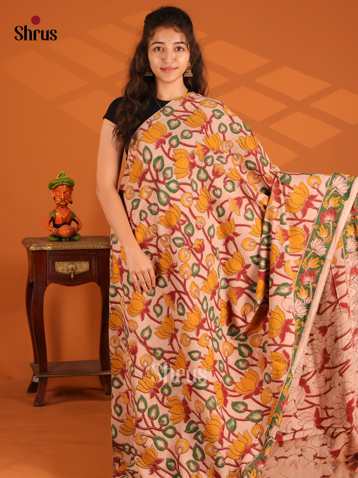 Cream & Red - Kalamkari cotton saree - Shop on Shrus.com