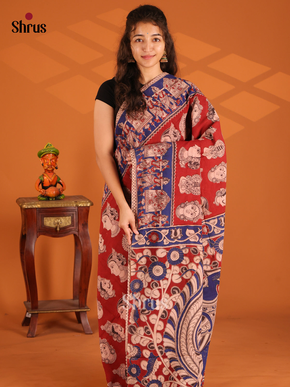 Red & Blue- Kalamkari cotton saree - Shop on Shrus.com