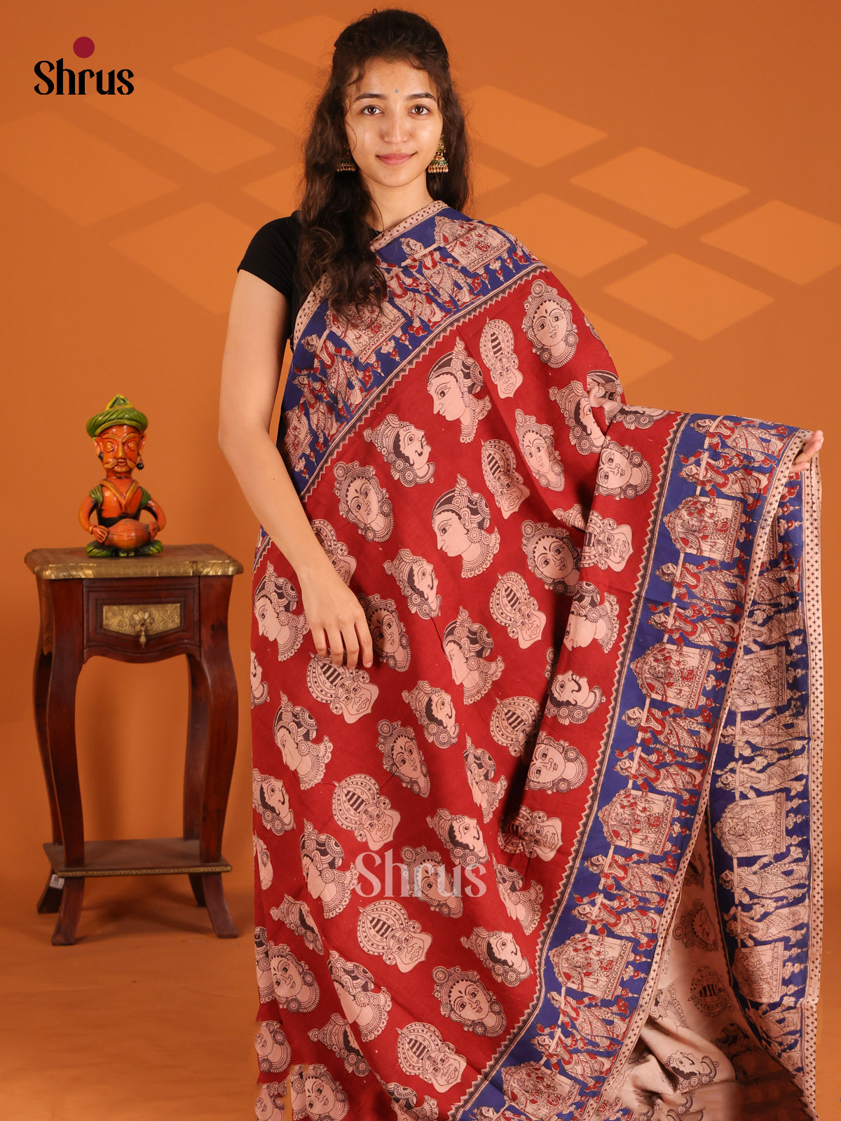 Red & Blue- Kalamkari cotton saree - Shop on Shrus.com