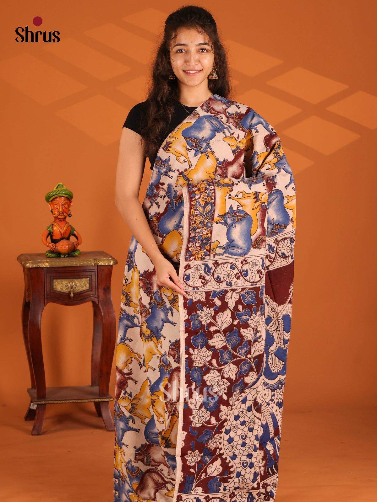 Cream & Blue - Kalamkari cotton saree - Shop on Shrus.com
