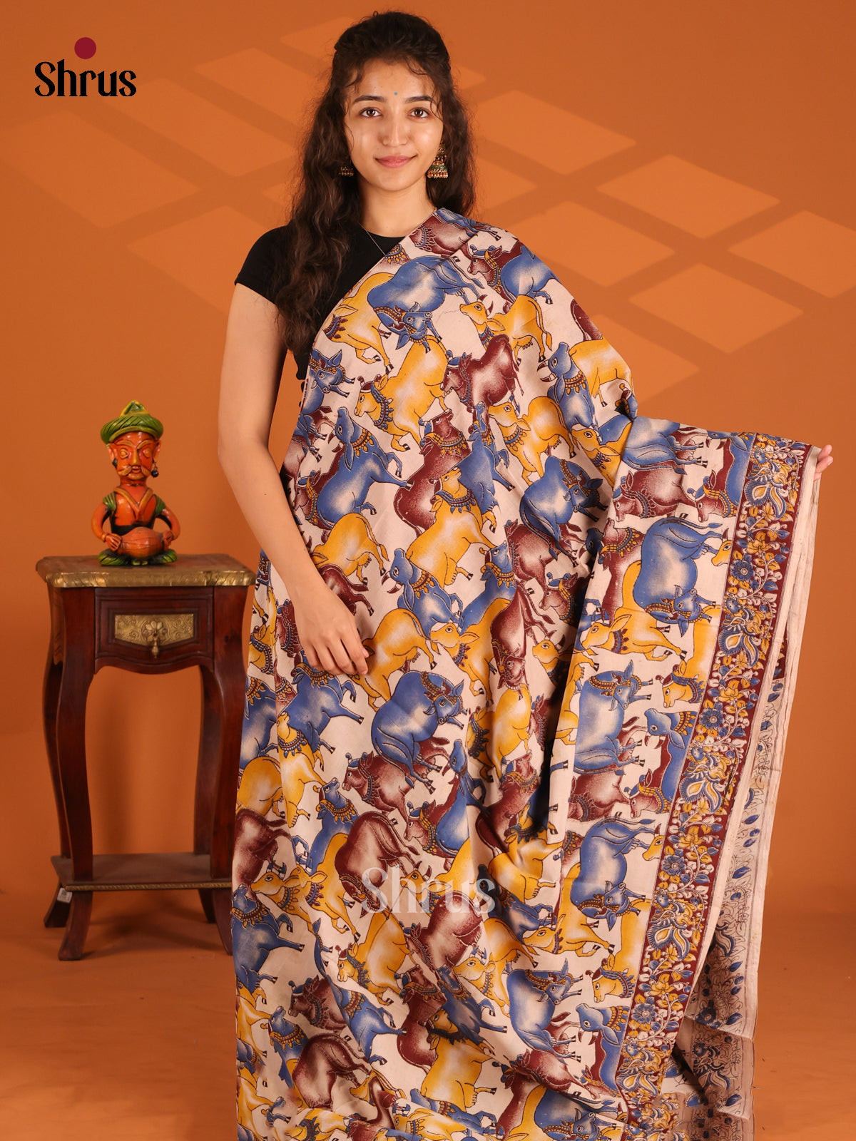 Cream & Blue - Kalamkari cotton saree - Shop on Shrus.com