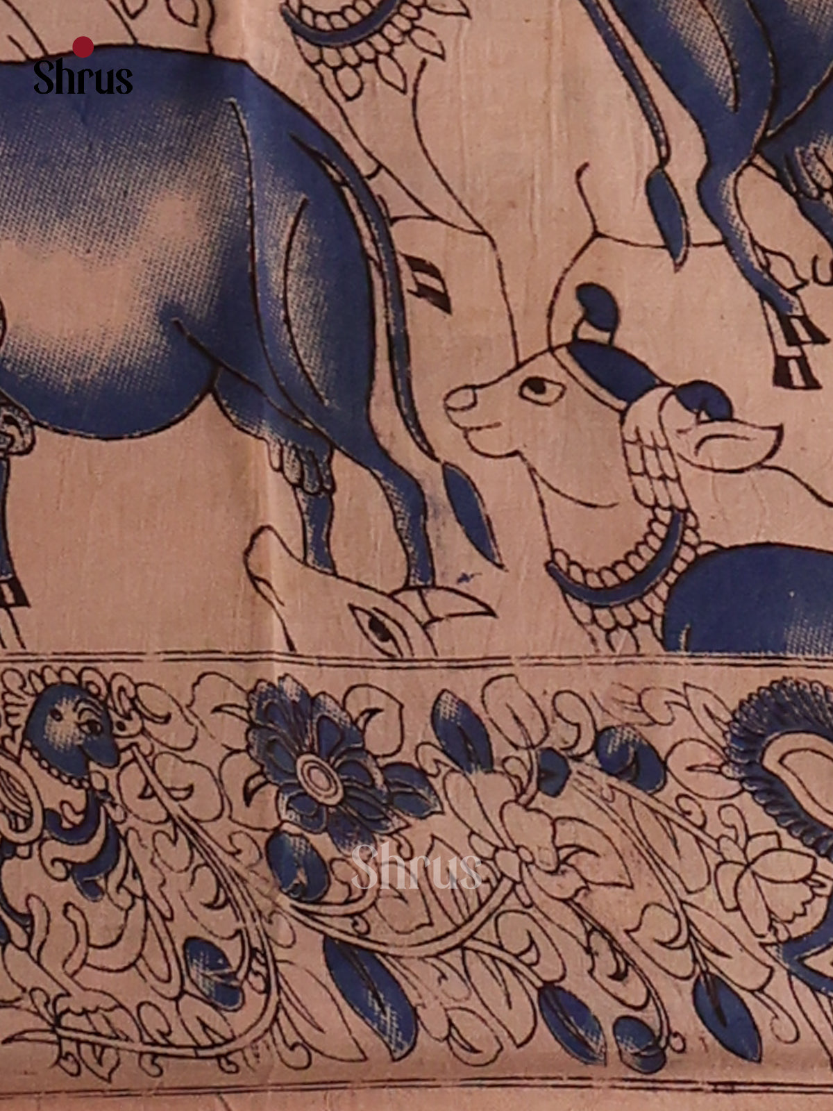 Cream & Blue - Kalamkari cotton saree - Shop on Shrus.com