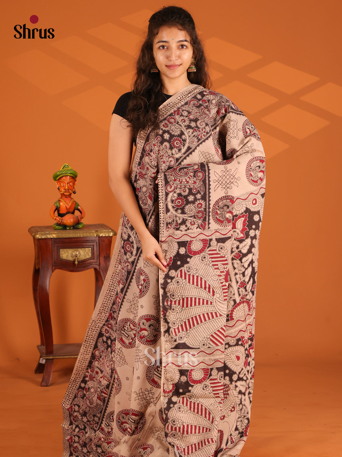 Cream & Black - Kalamkari cotton saree - Shop on Shrus.com