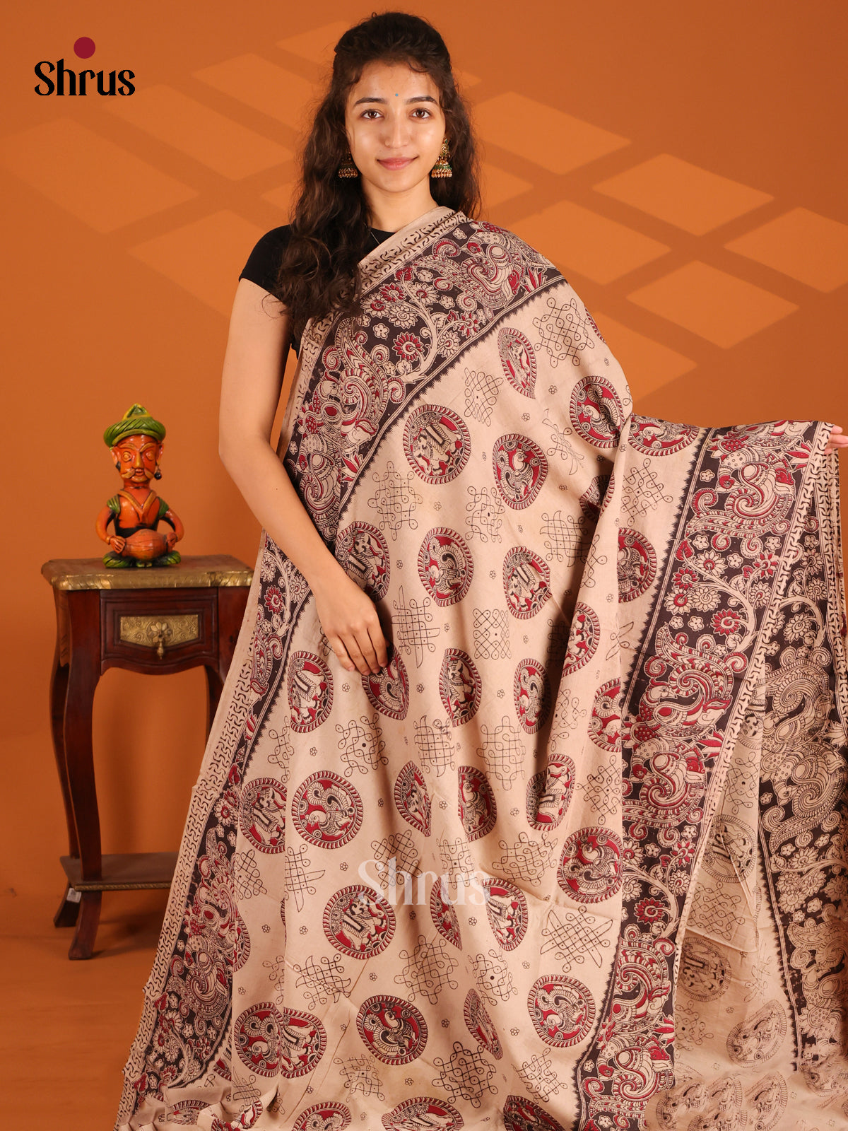 Cream & Black - Kalamkari cotton saree - Shop on Shrus.com