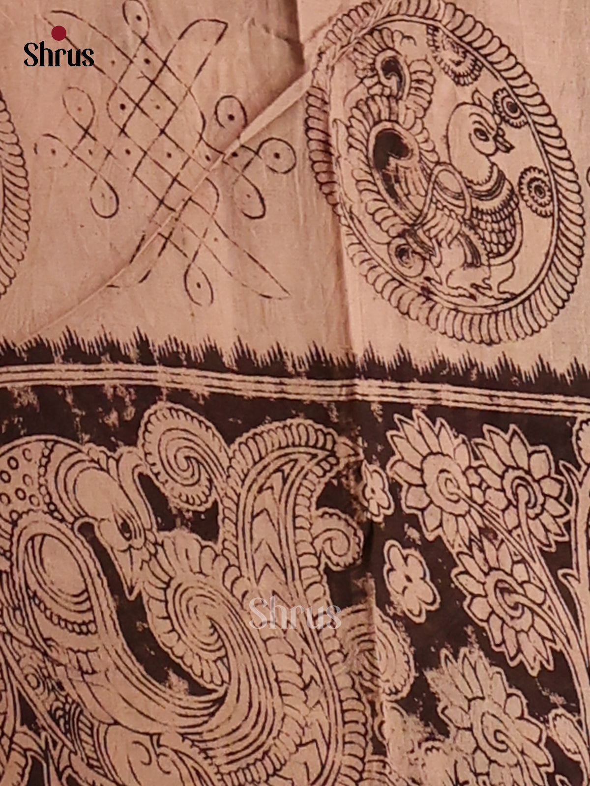 Cream & Black - Kalamkari cotton saree - Shop on Shrus.com