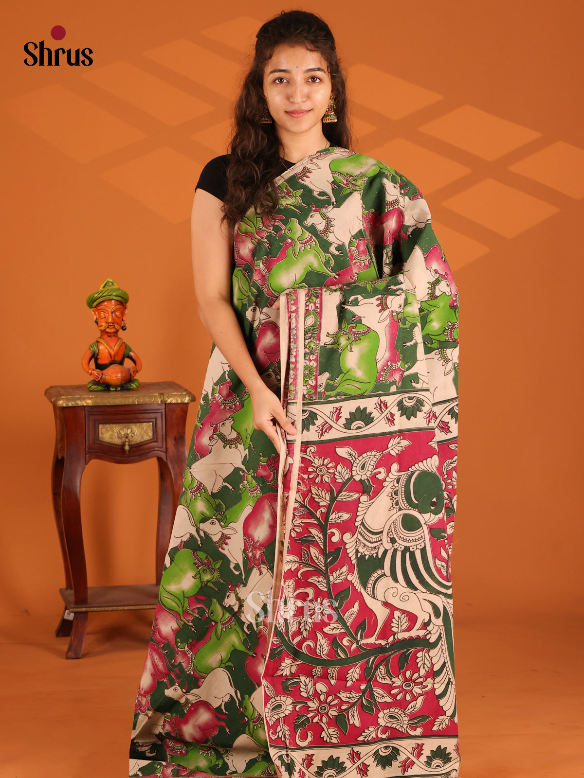 Cream & Green - Kalamkari cotton saree - Shop on Shrus.com