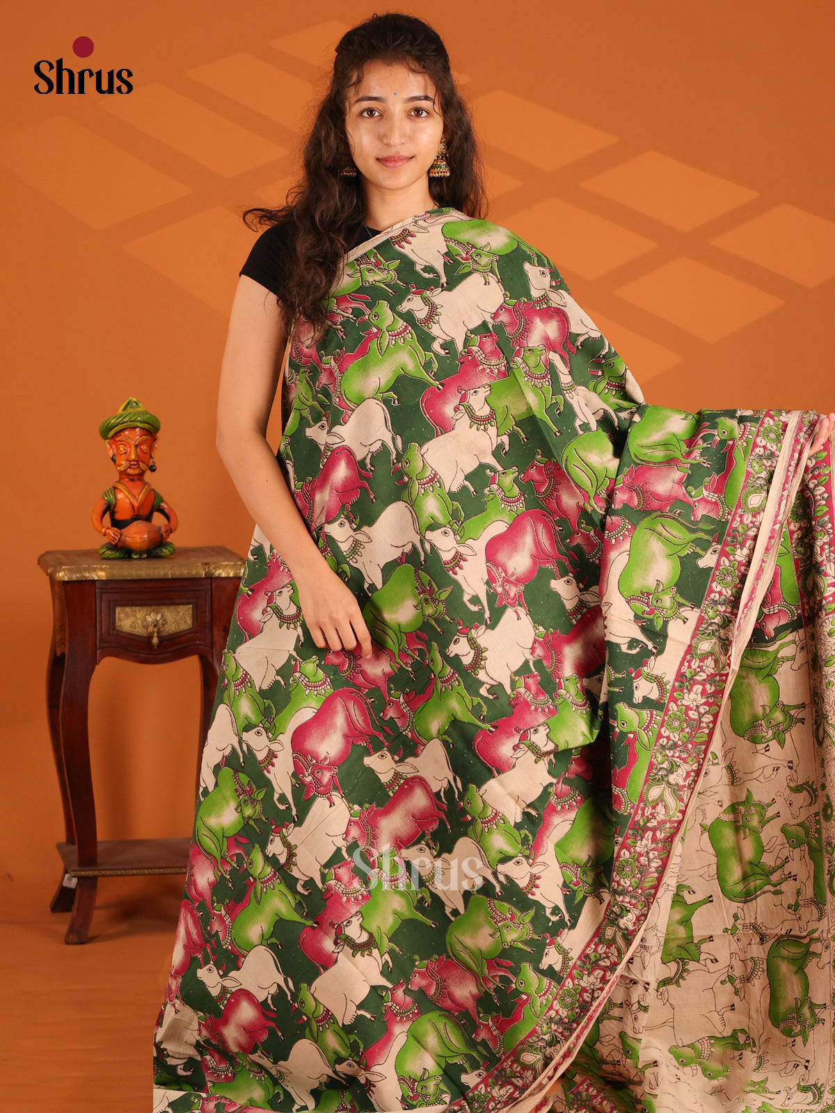 Cream & Green - Kalamkari cotton saree - Shop on Shrus.com
