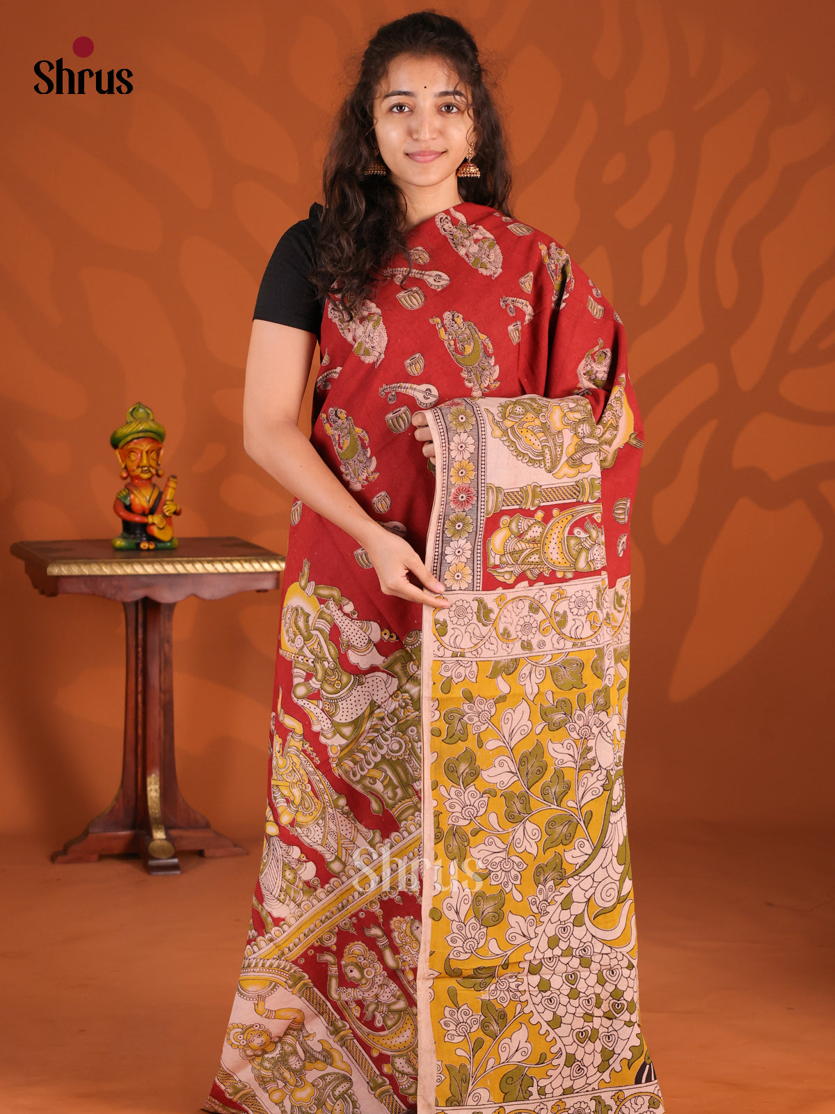 Red & Yellow - kalamkari-cotton Saree - Shop on Shrus.com