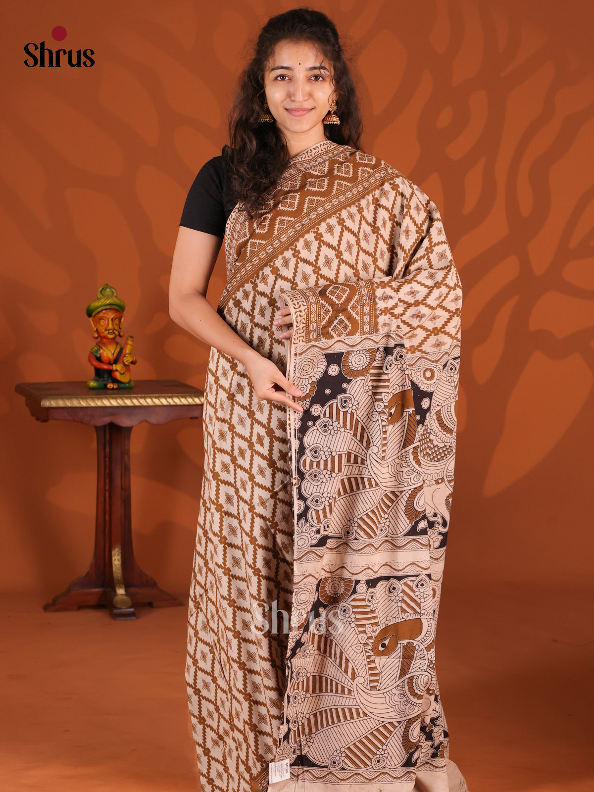 Cream & Brown - kalamkari-cotton Saree - Shop on Shrus.com