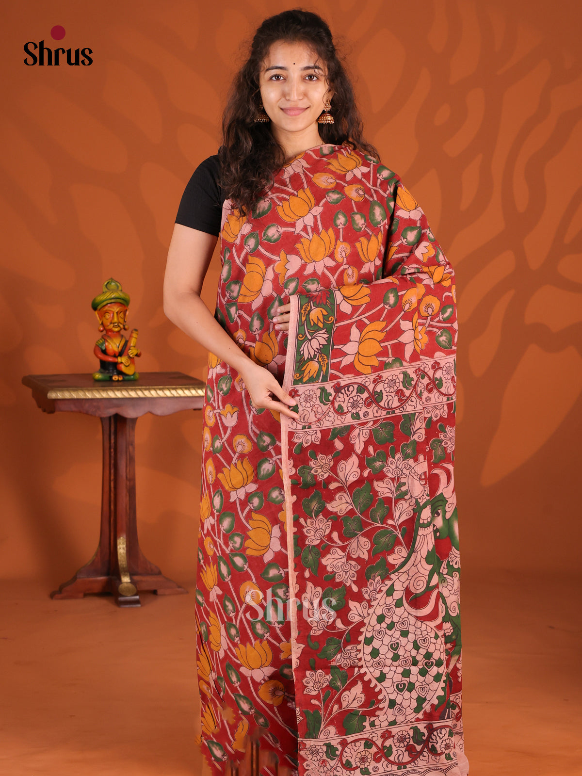 Red & Orange- kalamkari-cotton Saree - Shop on Shrus.com