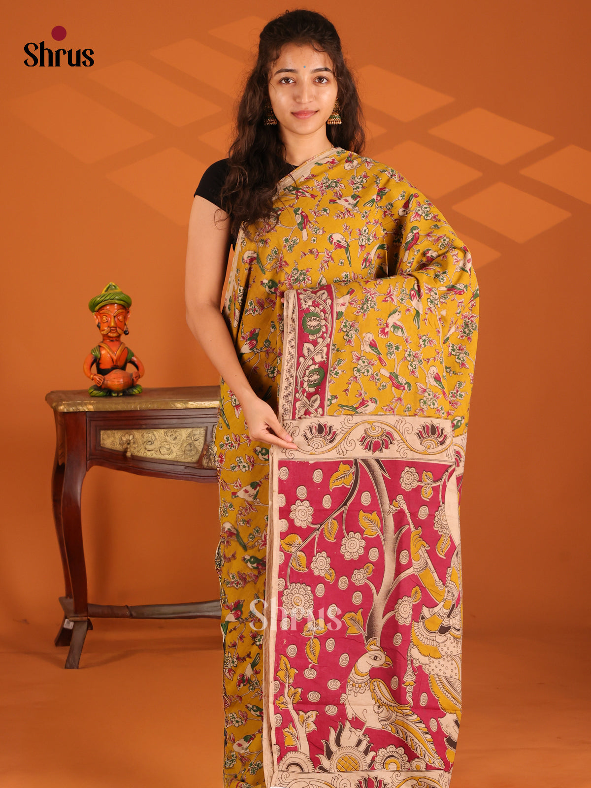 Mustard & Red - Kalamkari cotton saree - Shop on Shrus.com