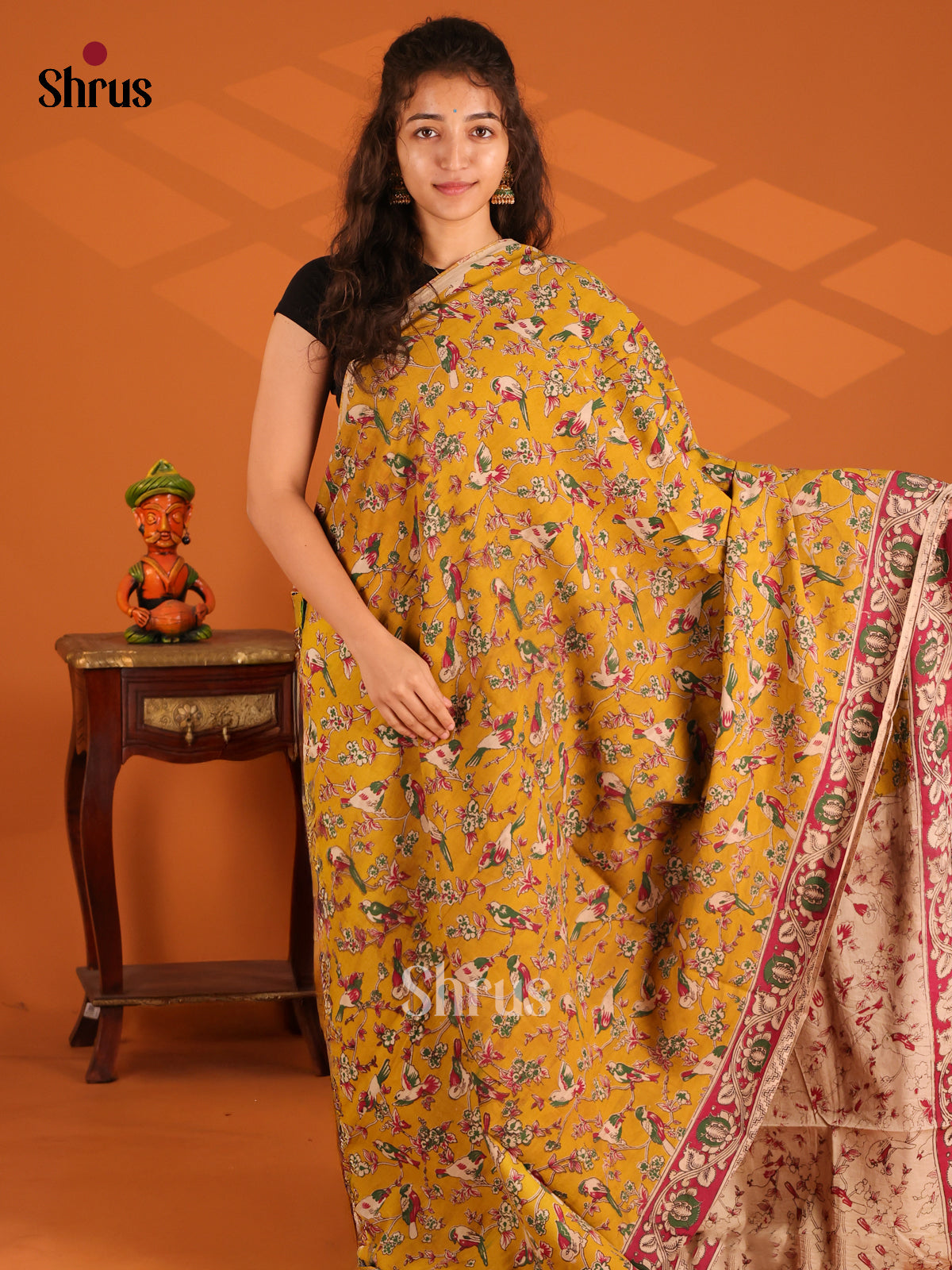 Mustard & Red - Kalamkari cotton saree - Shop on Shrus.com