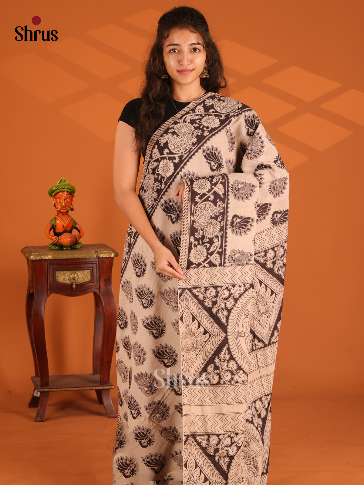 Cream & Black - Kalamkari cotton saree - Shop on Shrus.com
