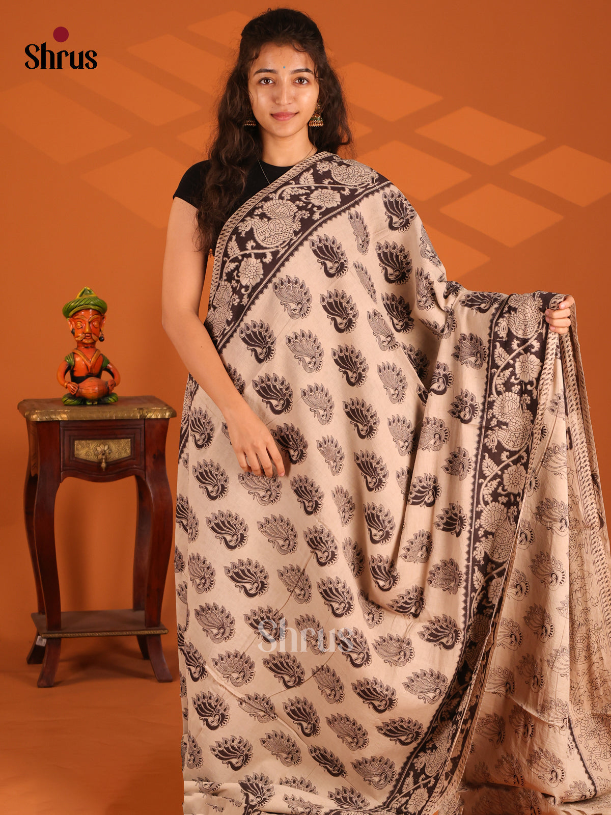 Cream & Black - Kalamkari cotton saree - Shop on Shrus.com
