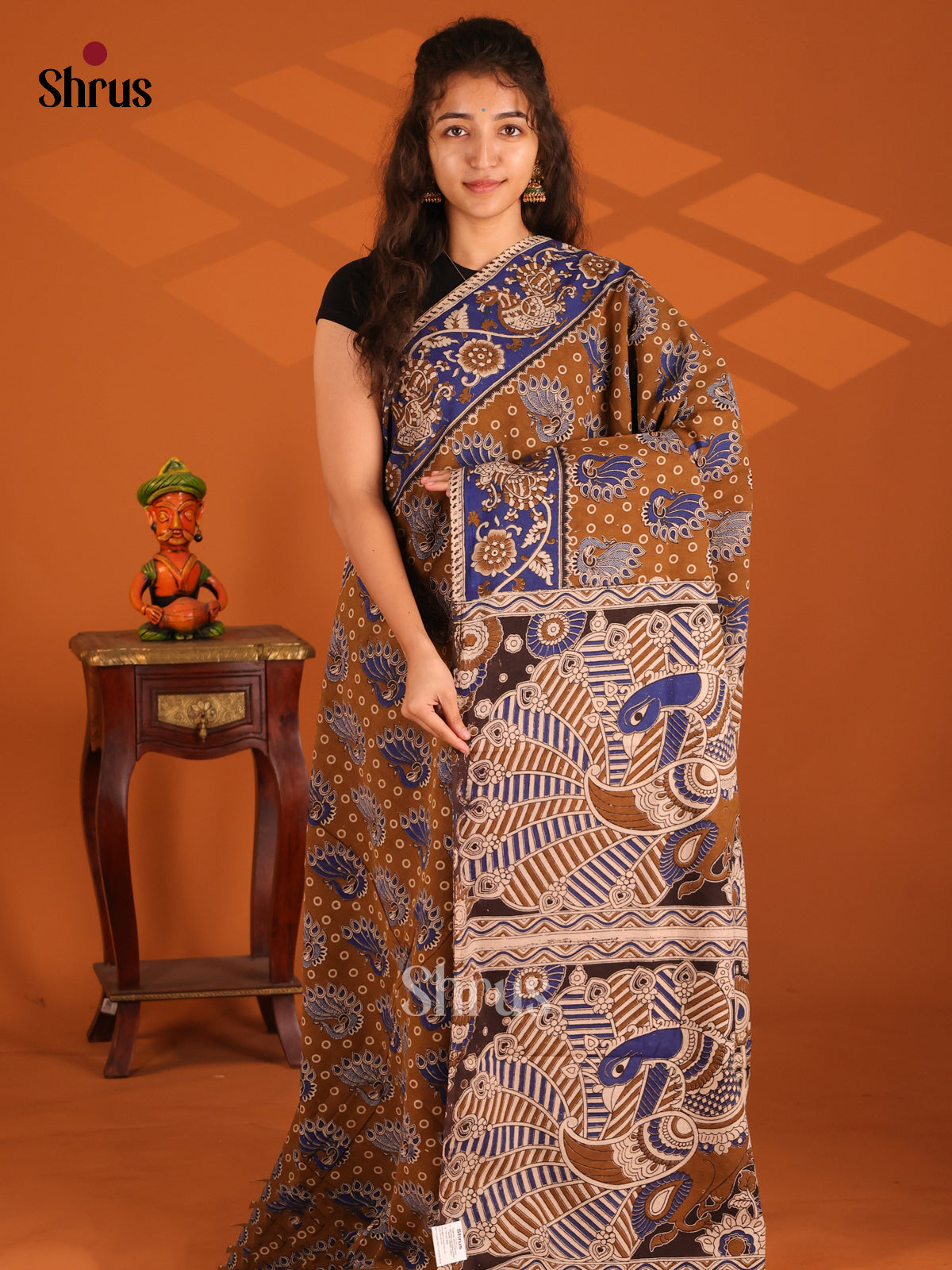 Brown & Blue - Kalamkari cotton saree - Shop on Shrus.com
