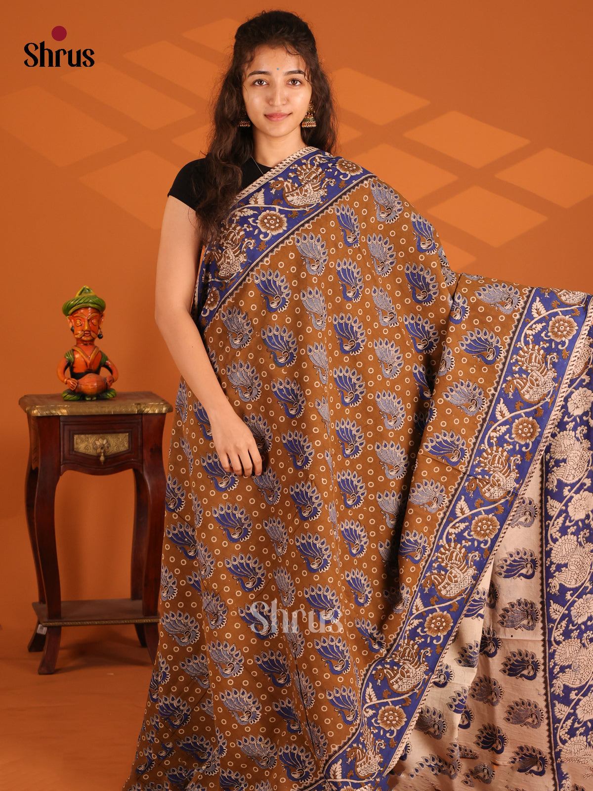 Brown & Blue - Kalamkari cotton saree - Shop on Shrus.com