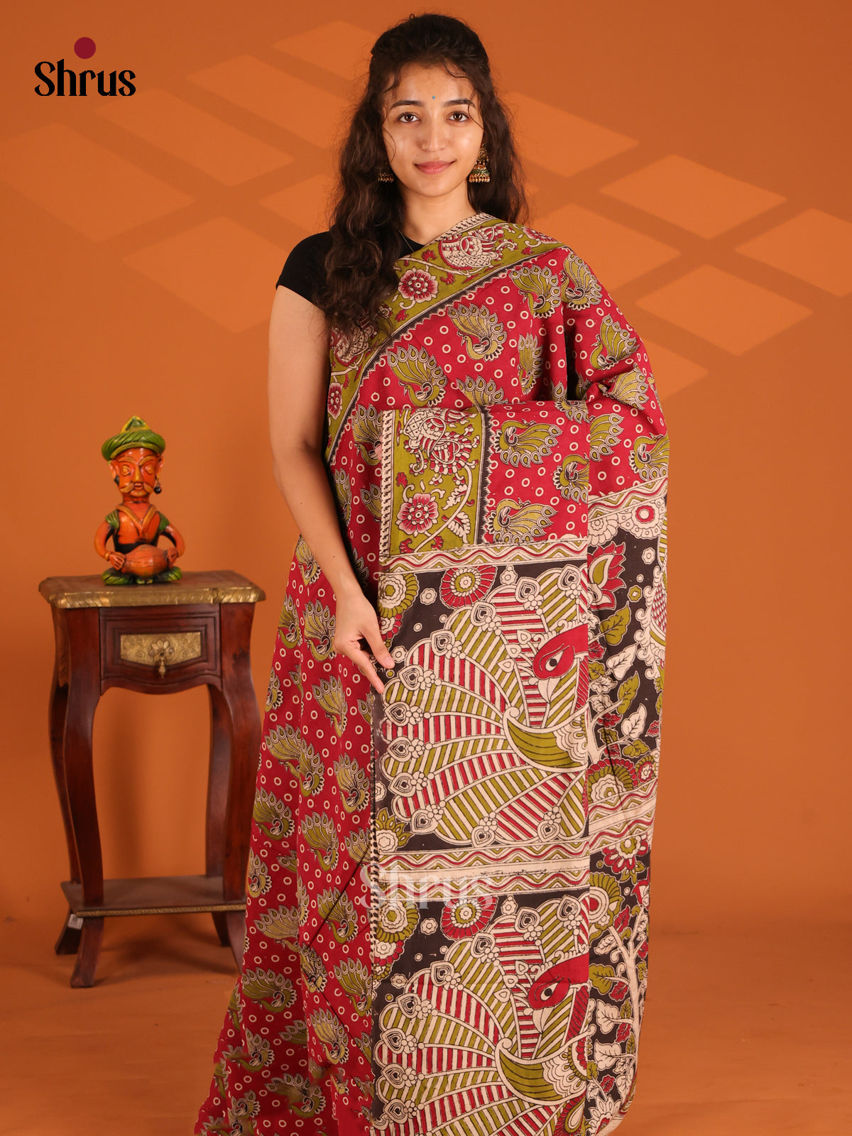 Red & Green - Kalamkari cotton saree - Shop on Shrus.com