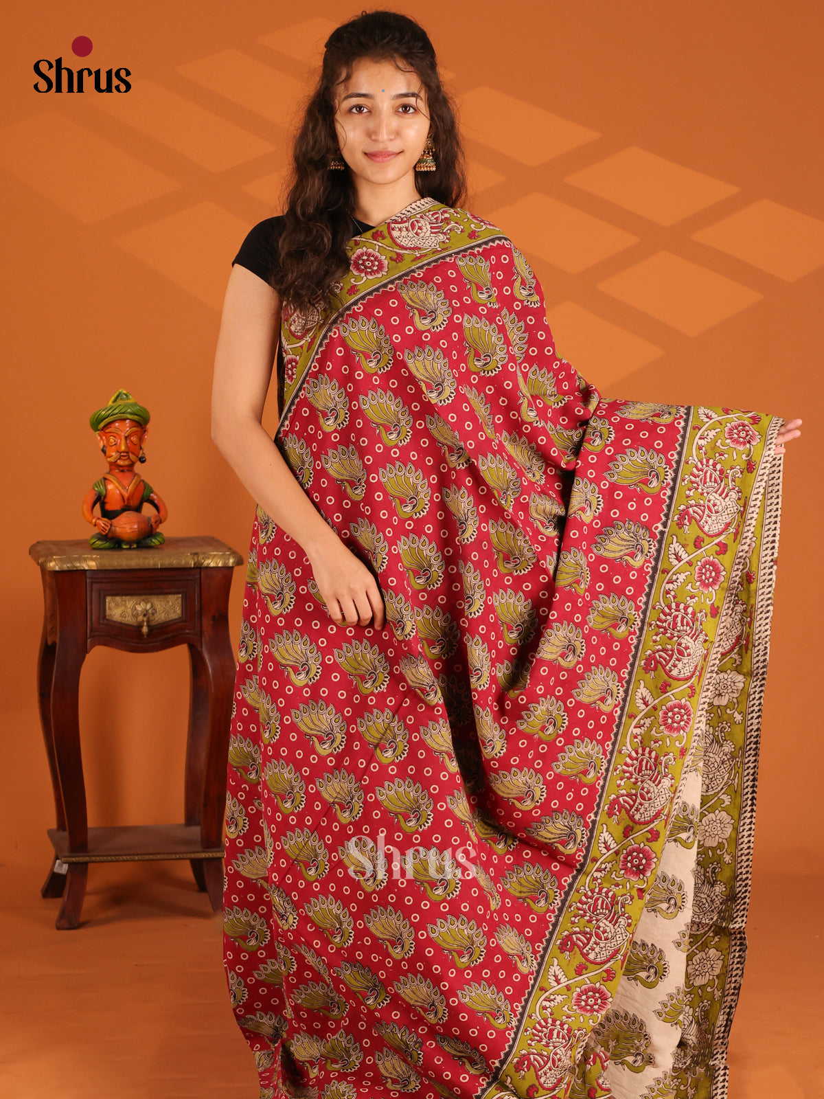 Red & Green - Kalamkari cotton saree - Shop on Shrus.com