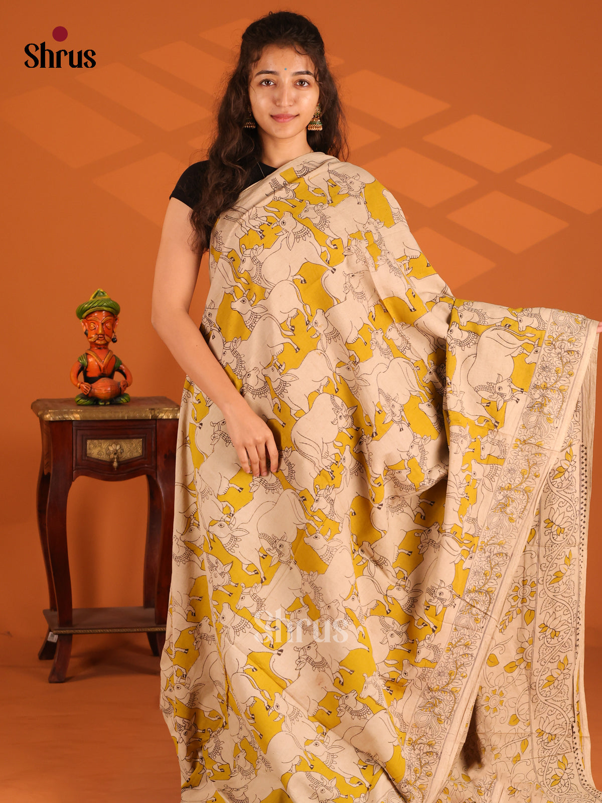 Yellow & Cream - Kalamkari cotton saree - Shop on Shrus.com